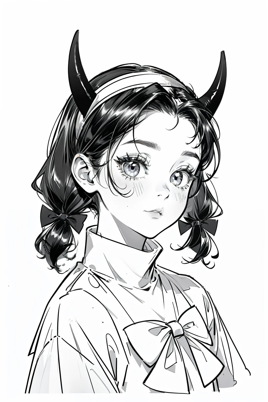 best quality, high resolution, clean background, high contrast, 1 girl, close-up of the head, white background, clean line drawings, vibrant colors, beautiful face, little devil horn, short facial hair, Turtleneck, school uniform, bow on shirt, bow headband, Twintail hair in loop style,