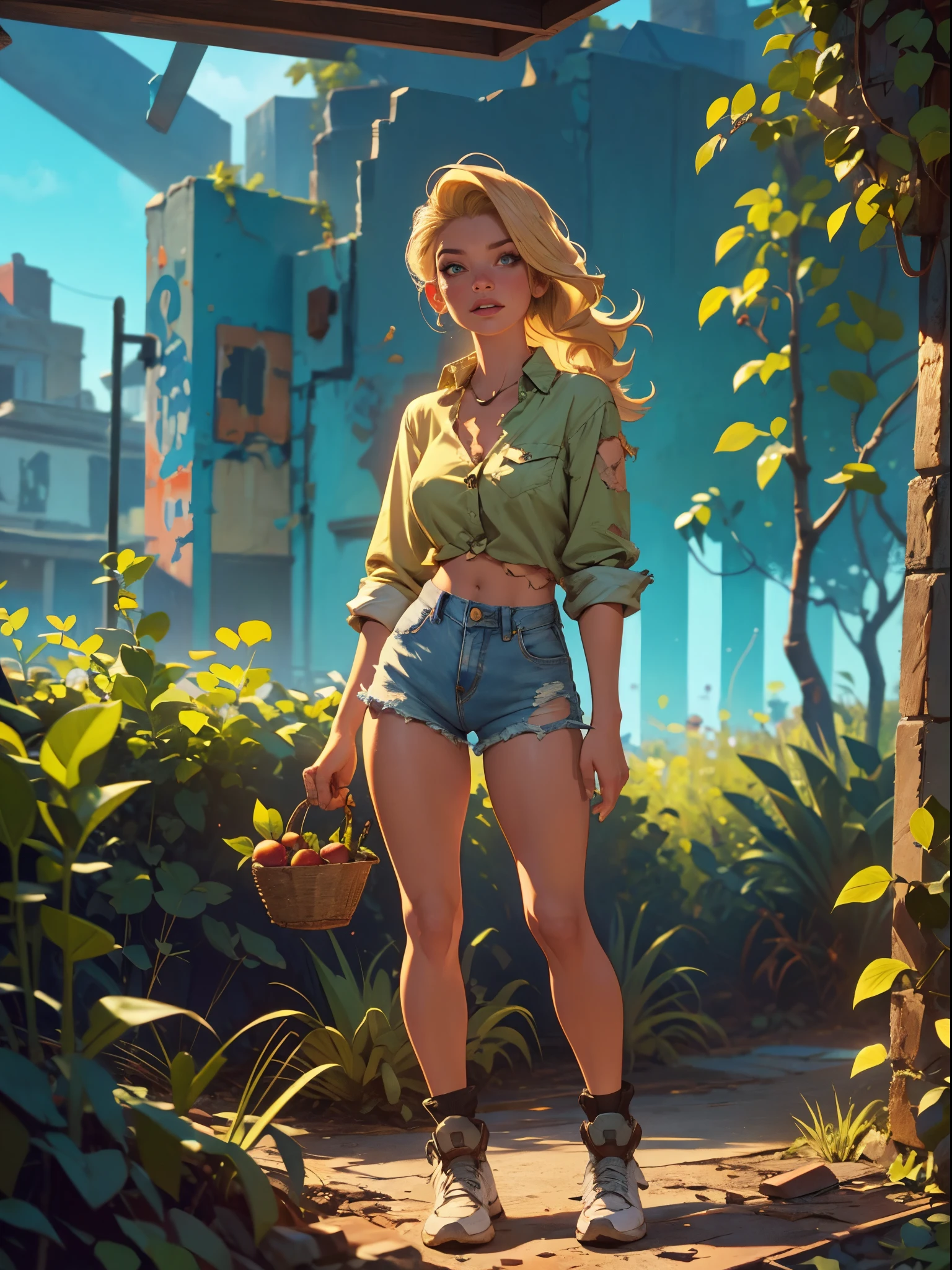2076 year. The Urban Ruins of the Wasteland, Female huntress picking fruit in the garden, beautiful face, blonde, badly torn shirt and denim shorts ,  long legs, sweating through, sun rising, Nice warm colors, head to toe, full body shot, pretty hands, perfect fingers,