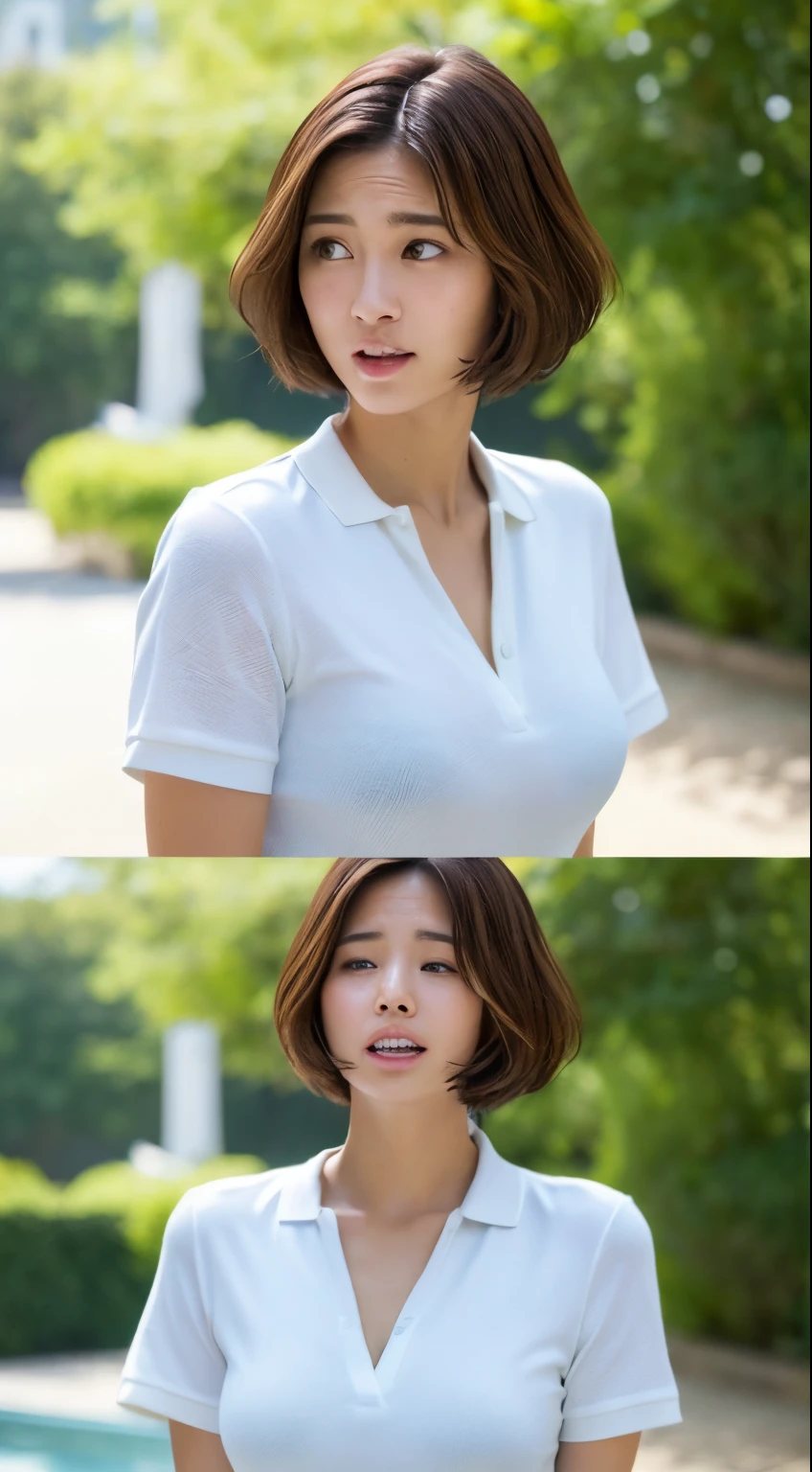 Short Hair Outdoor Fair Skin Disheveled Hair Open Mouth White Tears、A Japanese Lady、Super cute、Soft and face、Brown hair、8K分辨率、A hyper-realistic、ultra-definition、 Soft body toned ass night、((Highest Definition、8k、masterpiece:1.3))、Ultra-fine face、Ultra Fine Lips、Fine eyes、二重まぶた、Short short sleeves、high-necked、well-shaped upturned bust、Angle from the side、sideways Facing、stick out buttocks、up chest、Tight polo shirt、Facial expressions you are feeling、feeling of ecstasy、embarrassed from、flush、