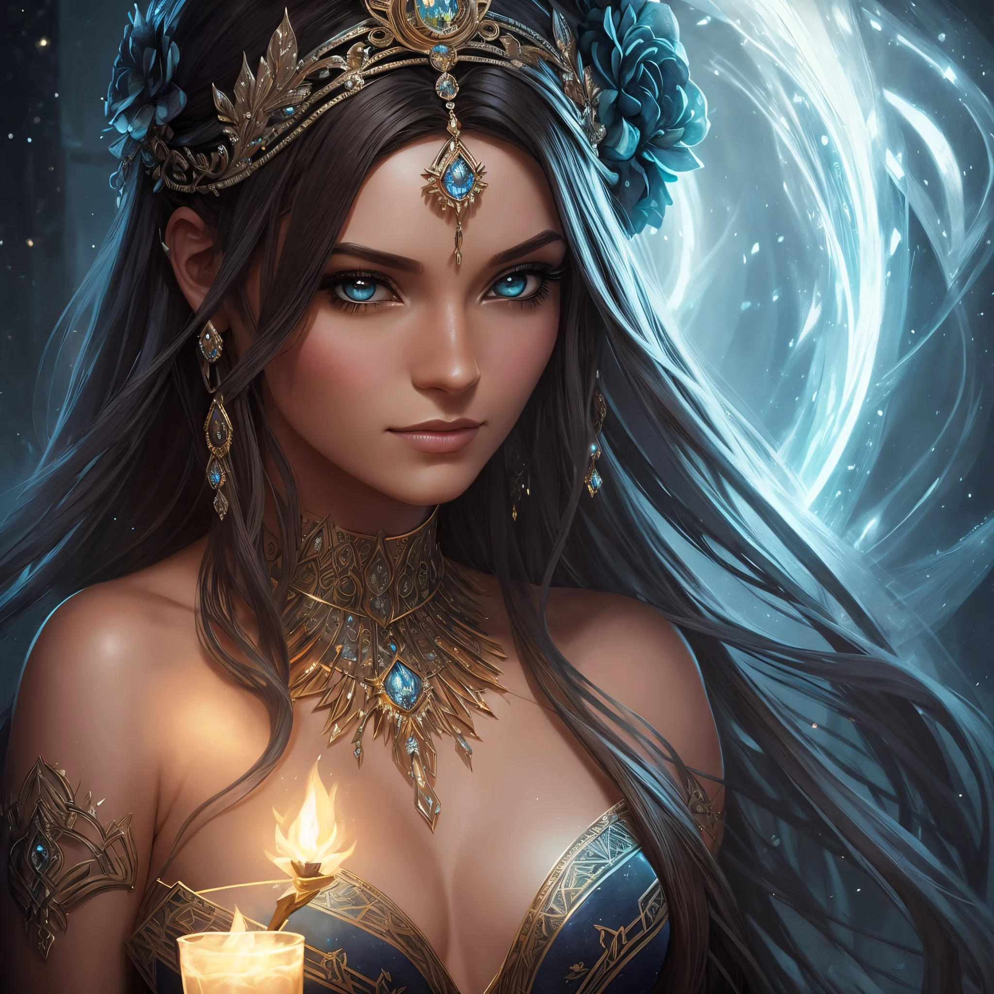 Uma Mulher com cabelo platinado:, em um vestido de flores de gelo, a beautiful crown on her head, Rosto detalhado, pele detalhada, frente, fundo floresta congelada, cobrir, Deszoom, Gargantilha, pintura hiperdetalhada, Luminismo, bar lighting, Complexo, 4k resolution concept art portrait by Greg Rutkowski, Artgerm, WLOP, Alphonse Mucha, little fusion pojatti realistic goth, fractal isometrics details bioluminescens : um atordoamento