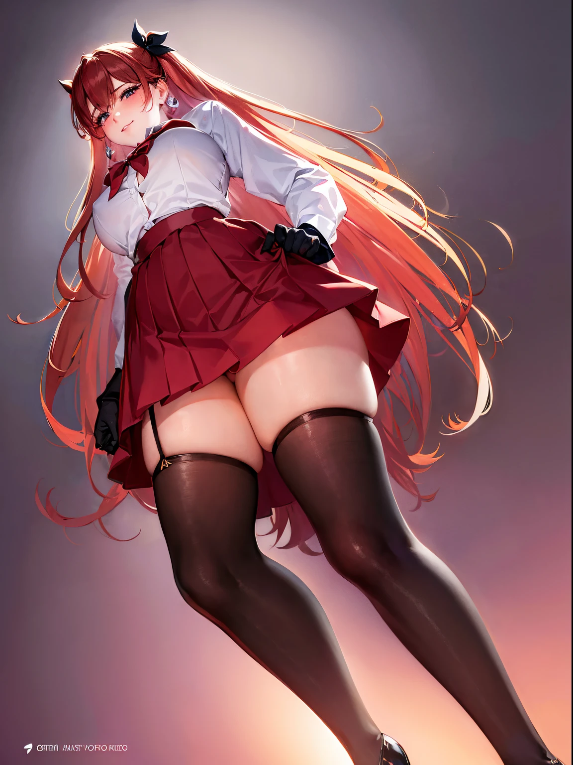 ((SFW)), (1.femele, Solo), Ultra-realistic capture、ighly detailed、High resolution 16k close-up of human skin、Skin texture must be natural、Details: The extent to which pores can be identified in detail、Skin looks healthy、Uniform color tone、Use natural light and color、(masutepiece, Best Quality, High quality:1.4), Professional artwork, Intricate details, field of views, Sharp Focus, detailed photo, masutepiece, Cinematic lighting, trending on pixiv, (Vibrant lighting, Vibrant colors, by Nagasawa Rosetsu:1.05), Hiroko Takashiro, (maturefemale, A MILF:1.1), Solo, (Curve:1.1), looking down to viewer, Smile on his face, ((From below:1.5)) Looks Back, ((Leaning forward)), seen from back, Office, (Full body shot:1.1), (Red hair:1.05), Long hair, lip stick, makeup, Ultra Detail Hair, ultra detail face, (Purple eyes:1.05), Perfect eyes, Perfect face, earrings, (Confused, blush:1.2), Red bow knot tie, Pull off your shirt, Jacket, (black thighhighs, Garter Belt:1.1), zettai ryouiki, Red pencil skirt, Office Uniform, high-heels, (Large breasts:1.1), cleavage, Big ass, thighs thighs thighs thighs, Show panties, ((From the hem of the lifted skirt to the crotch))