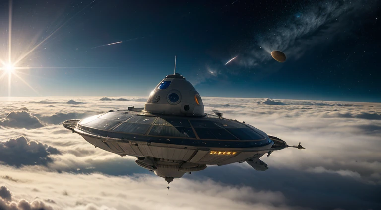 Stars shine in the solar system。High- sharpness。Spaceship appears in sunlight。