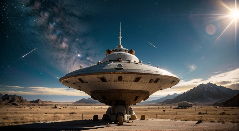 Stars shine in the solar system。High- sharpness。Spaceship appears in sunlight。
