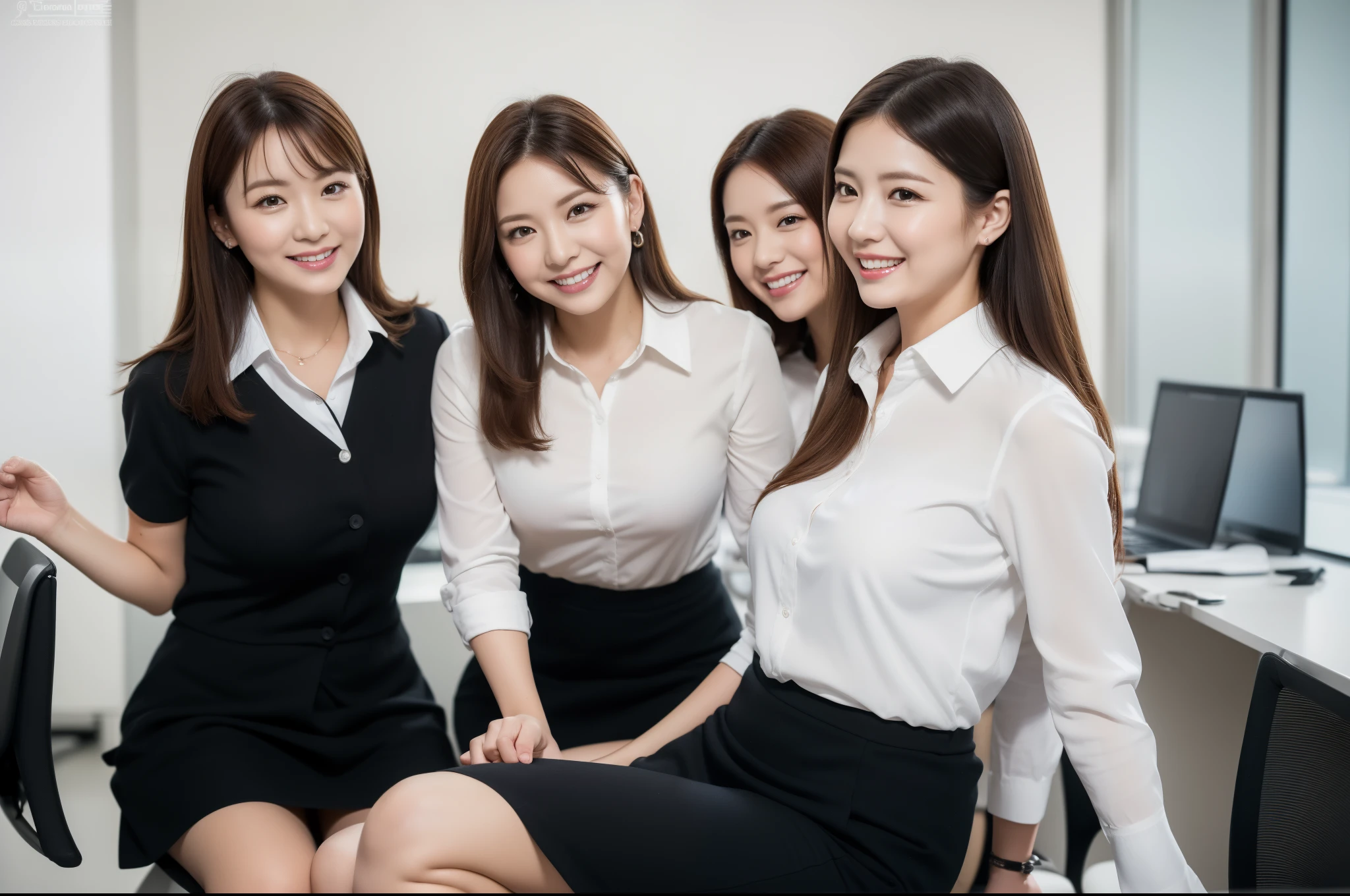 ((Best Quality, 8k, Masterpiecedetails, ultra-high resolution)), (looking at the viewer), (full shot:), attractive business 5 milfs, 5 people, a bit chubby:0.25, white collared shirt, grey skirt, (sitting with open legs on office desks)), smile, office of CEO,