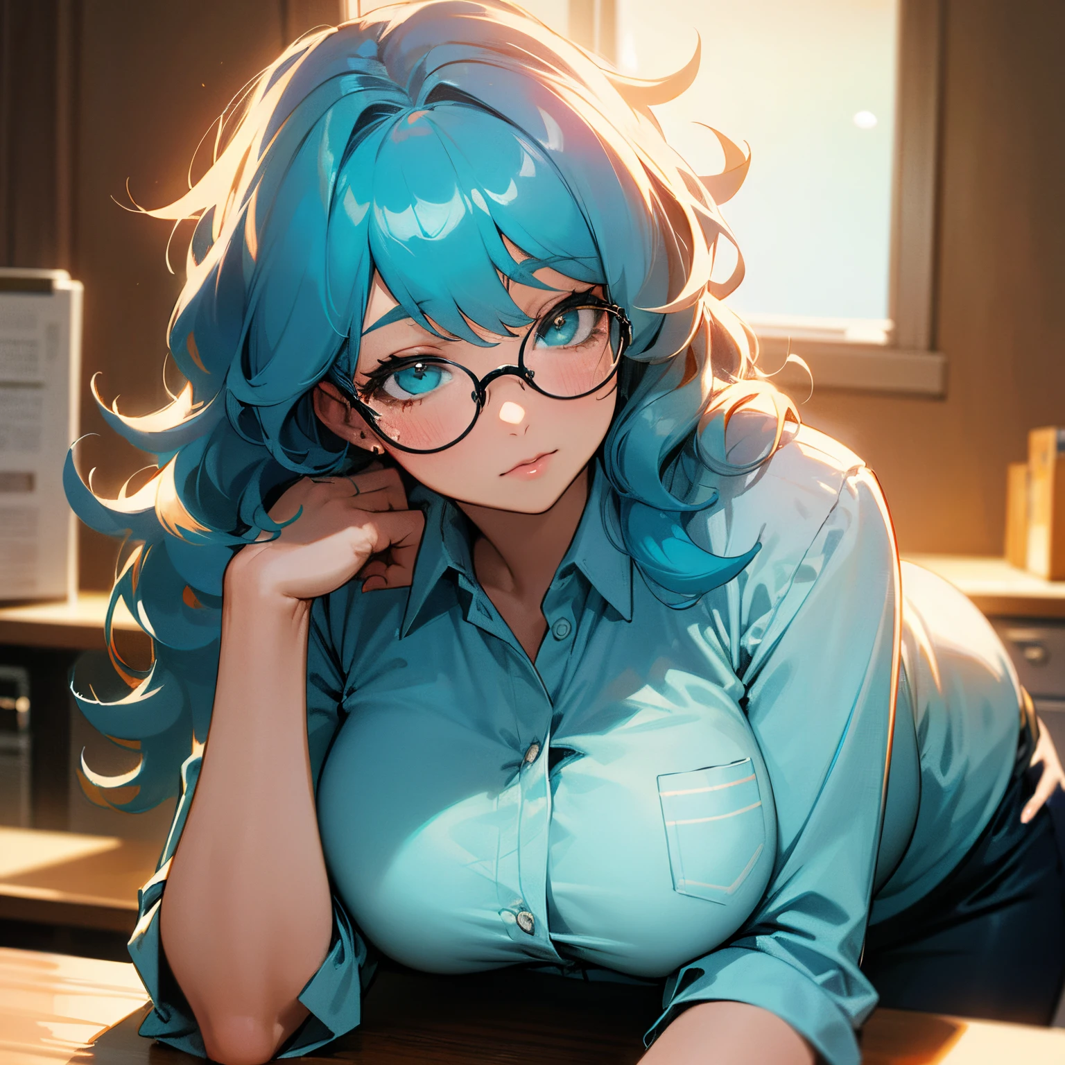(best quality, masterpiece, perfect face, beautiful and aesthetic:1.2, colorful, dynamic angle, highest detailed face),

1girl, multicolor tanga, blue eyes, blush, book,  bookshelf,  big breasts, desk,  hands on hips, highleg, indoors, lips, looking at viewer, navel, nipples, open clothes, open shirt, shirt, solo, multicolor twintails,   window,

(official art, extreme detailed, highest detailed),