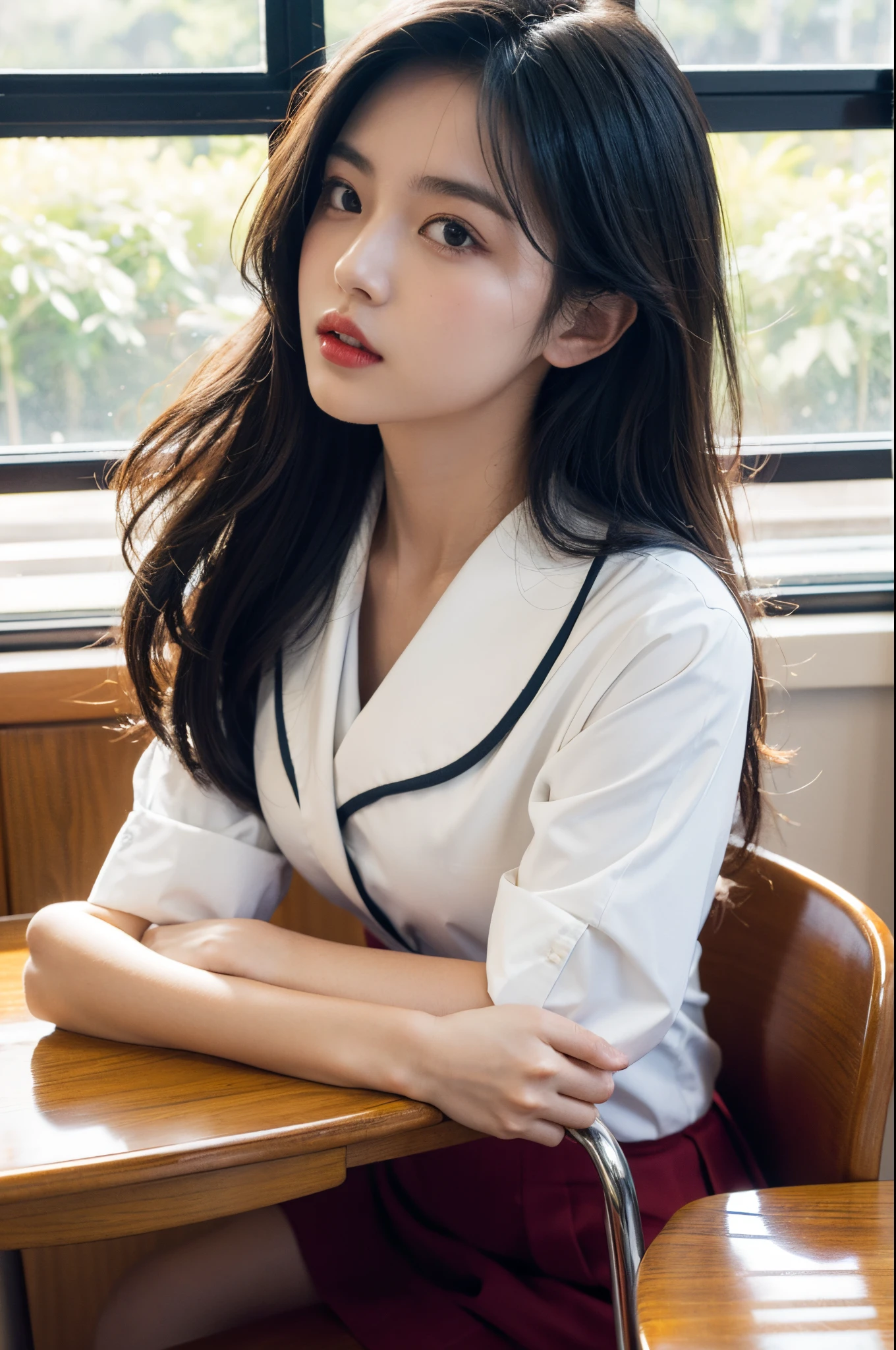 ((Best quality, 8k, Masterpiece: 1.3)), a beautiful girl, pure, melon face, gentle and cute, thin figure, facing right, head to right, lips closed, upper body leaning forward, Japanese school uniform, black silky long hair, round black big eyes, clear big eyes, moist red lips, sweet, desk and chair, sitting at the desk, sunshine, classroom background,