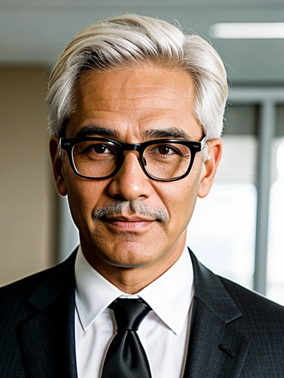 48-years old man with white hair, Brown eyes, White skin, Wrinkles, Old face, Glasses with black frame and clear lenses, Look at Viewer, Wearing Black suit, Red tie, Office Consultant Background.