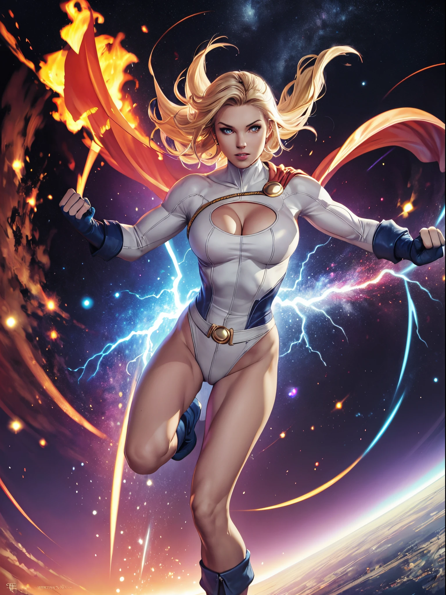 1girl, leotard, CARTOON_DC_powergirl_ownwaifu, bare legs, boots, gloves, space, solo, single, spread arms, standing, spinning like a tornado, light particles, sparkling, super speed, solo, single, speed lines, blonde hair, blue eyes, rapid gyration, tornado spin, twirling, cyclone spin, light swirls, superpower, perfect anatomy
