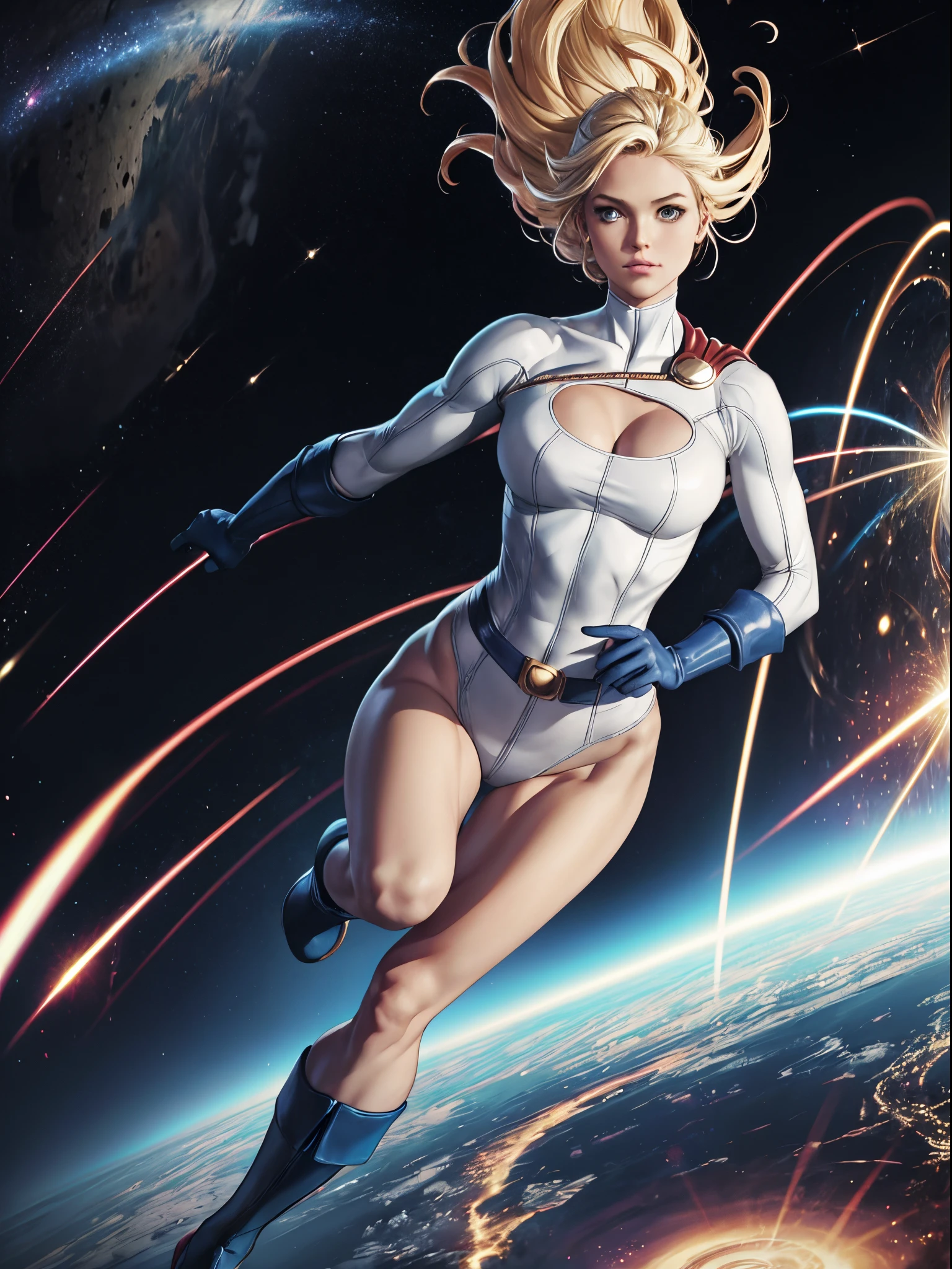 1girl, leotard, CARTOON_DC_powergirl_ownwaifu, bare legs, boots, gloves, space, solo, single, spread arms, standing, spinning like a tornado, light particles, sparkling, super speed, solo, single, speed lines, blonde hair, blue eyes, rapid gyration, tornado spin, twirling, cyclone spin, light swirls, superpower, perfect anatomy