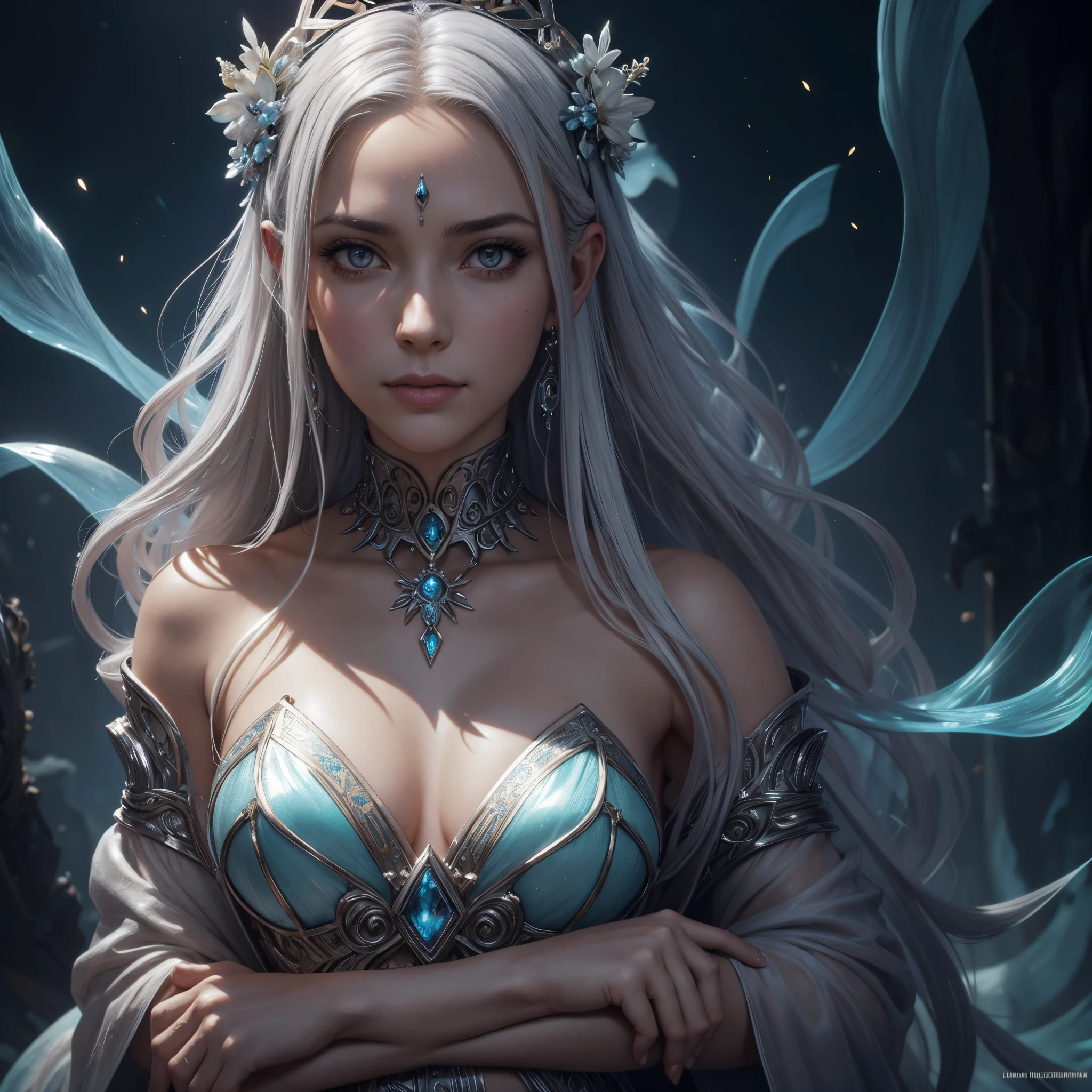 Uma Mulher com cabelo platinado:, em um vestido de flores de gelo, a beautiful crown on her head, Rosto detalhado, pele detalhada, frente, fundo floresta congelada, cobrir, Deszoom, Gargantilha, pintura hiperdetalhada, Luminismo, bar lighting, Complexo, 4k resolution concept art portrait by Greg Rutkowski, Artgerm, WLOP, Alphonse Mucha, little fusion pojatti realistic goth, fractal  isometrics details bioluminescens : um atordoamento