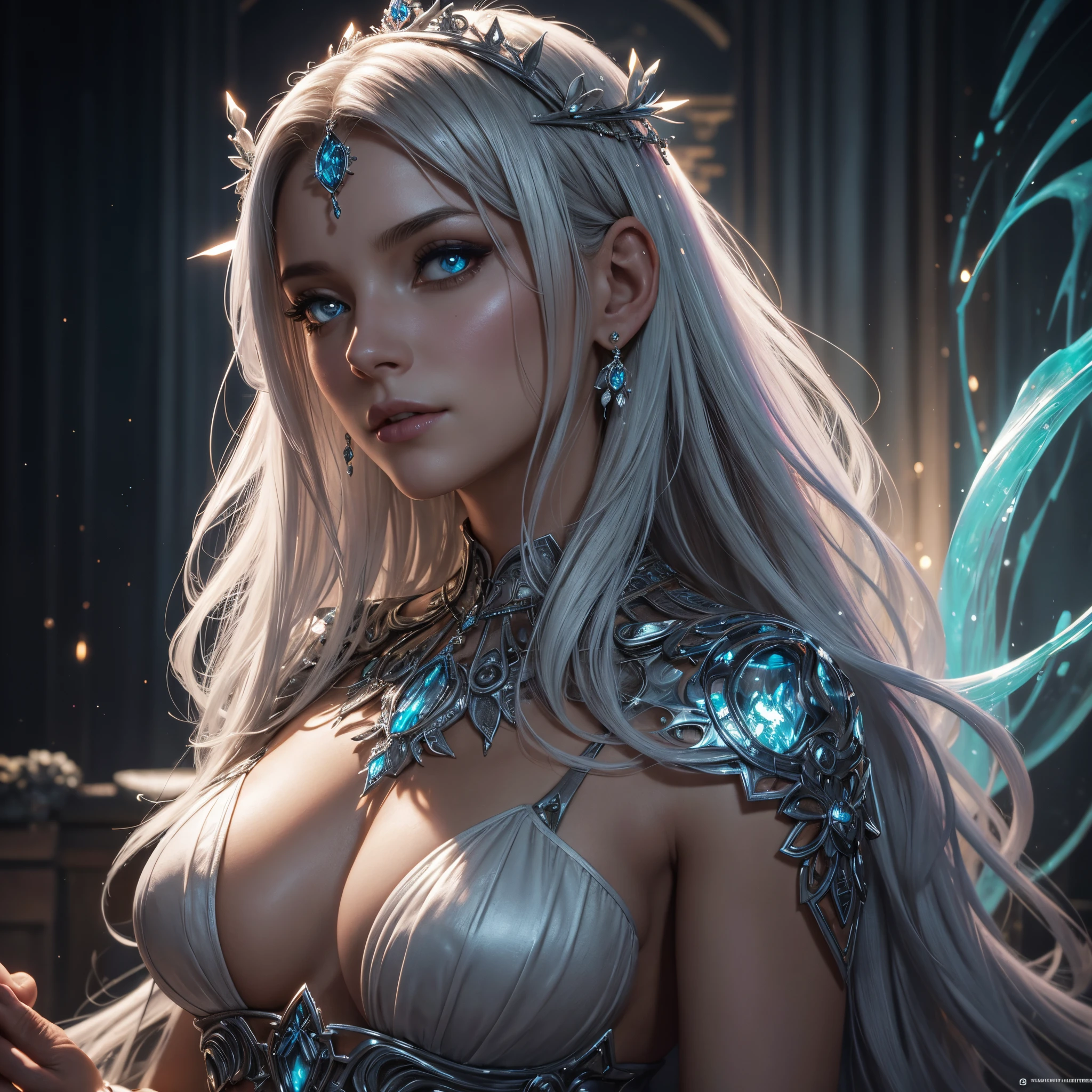 Uma Mulher com cabelo platinado:, em um vestido de flores de gelo, a beautiful crown on her head, Rosto detalhado, pele detalhada, frente, fundo floresta congelada, cobrir, Deszoom, Gargantilha, pintura hiperdetalhada, Luminismo, bar lighting, Complexo, 4k resolution concept art portrait by Greg Rutkowski, Artgerm, WLOP, Alphonse Mucha, little fusion pojatti realistic goth, fractal  isometrics details bioluminescens : um atordoamento