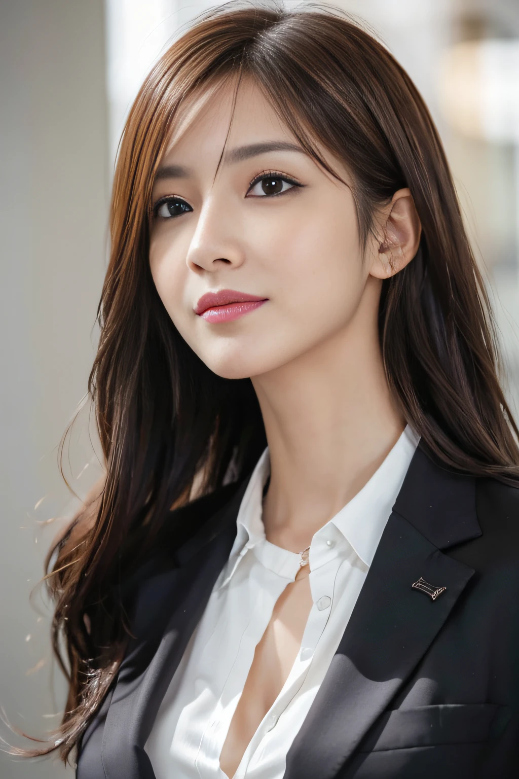 masutepiece, Best Quality, Photorealistic, Ultra-detailed, finely detail, High resolution, 8K Wallpaper, 1 beautiful woman,, light brown messy hair, in a business suit, foco nítido, Perfect dynamic composition, Beautiful detailed eyes, detailed hairs, Detailed realistic skin texture, Smiling, Close-up portrait, Model body type