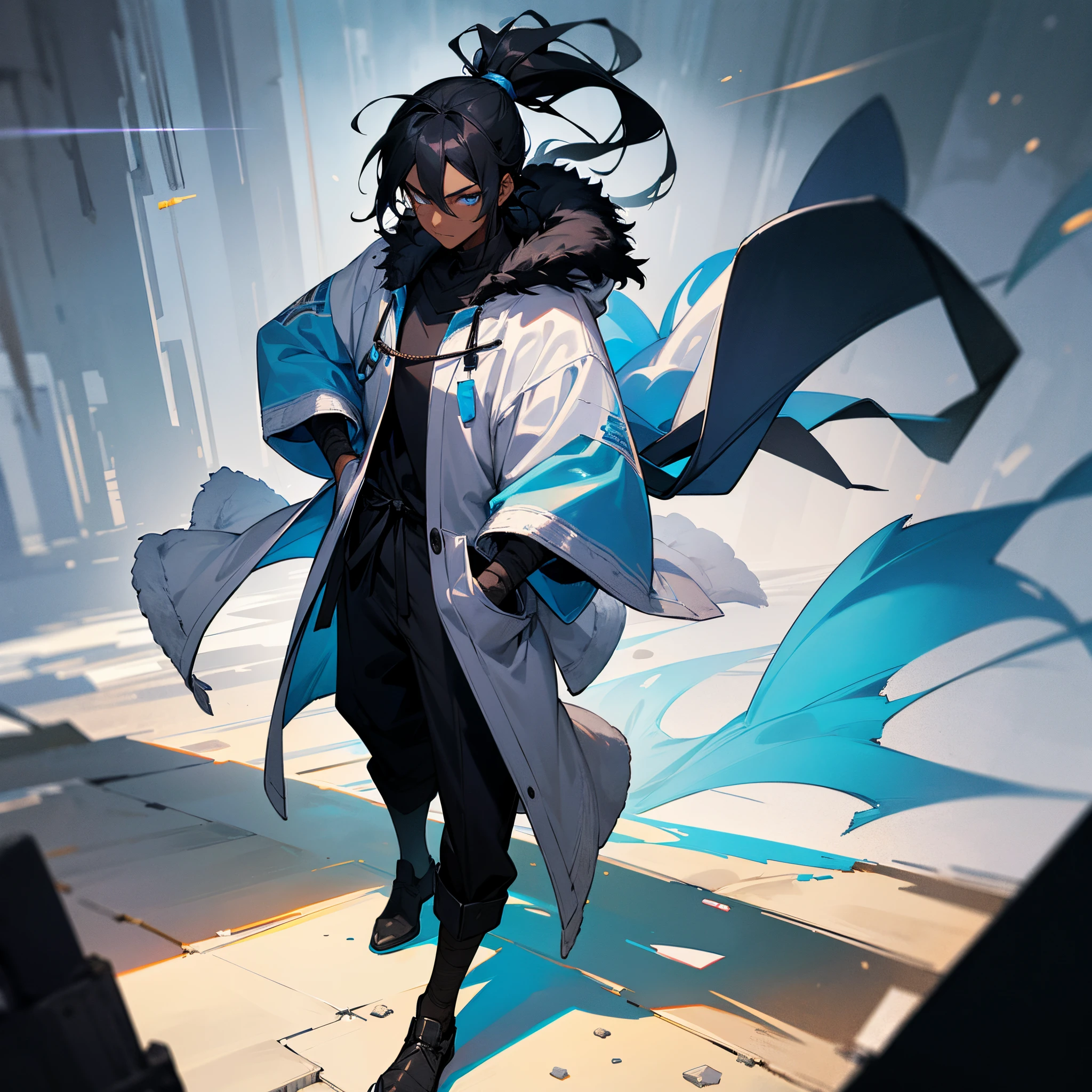 1male, young adult, messy medium length black hair in ponytail, finely detailed bright blue eyes, walking down path, dark skin, bandages wrapped around arms, best light and shadows, posing with hands in pockets, modern clothes, fur jacket with oversized hood, poncho
