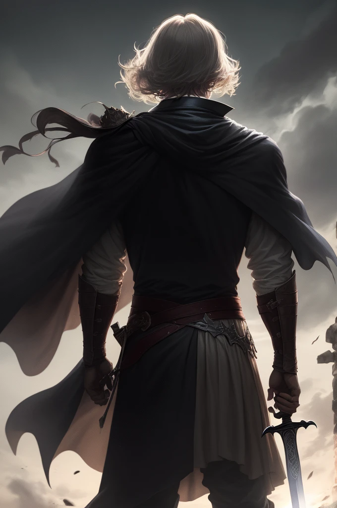 A dark background with a man who’s back is facing the front. He has a crown on and a cape blowing in the wind. He also has a sword in his right hand pointing towards the ground.