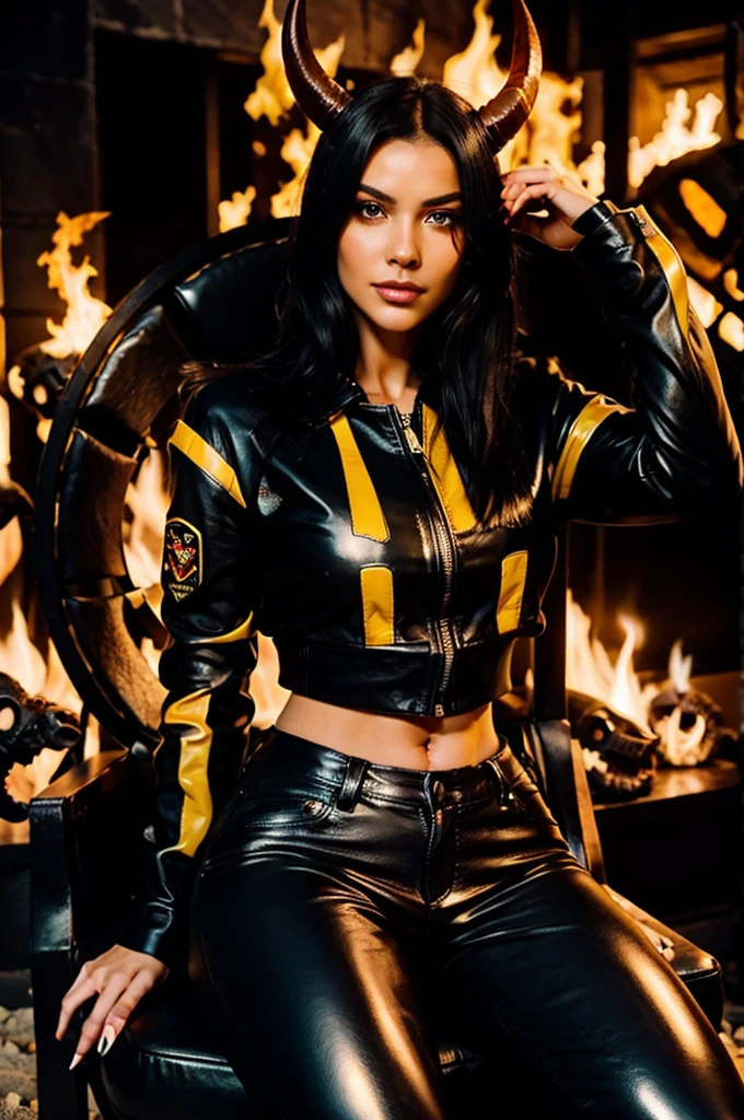 Hellgirl with red skin , horns sticking out of her forehead , orange yellow eyes, very sexy, black leather pants, open front black leather jacket with nothing underneath, sitting on a throne of skulls, with the flames of Hell out of focus in the background .Cinematic soft lighting illuminates a stunningly detailed and ultra-realistic beautiful supermodel, beach look, long messy windy dark Black hair, clear Orange eyes, captivating perfect smile, sensual, hot woman, gorgeous, that is trending on ArtStation. Octane is the perfect tool to capture the softest details of this 16k photography masterpiece.red skin, hellgirl