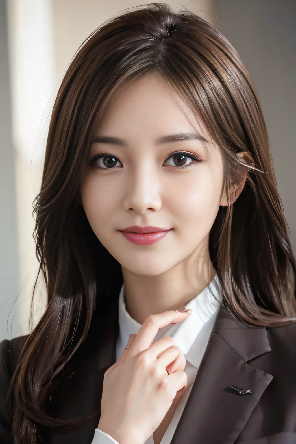 masutepiece, Best Quality, Photorealistic, Ultra-detailed, finely detail, High resolution, 8K Wallpaper, 1 beautiful woman,, light brown messy hair, in a business suit, foco nítido, Perfect dynamic composition, Beautiful detailed eyes, detailed hairs, Detailed realistic skin texture, Smiling, Close-up portrait, Model body type