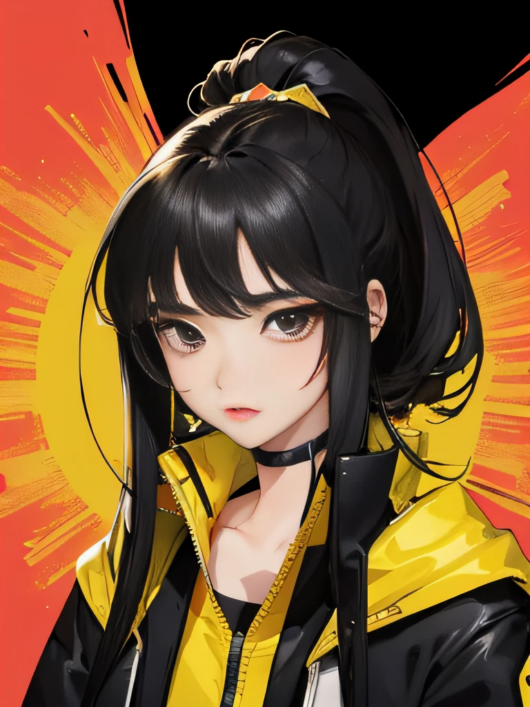 Ridiculous resources, tmasterpiece, Best quality, light toned, korean girls in kpop,There is a beautiful face , Beautiful black hair , Characters in web comics, Anime black eyes, Yellow jacket, Masterpiece background, detailedbackground,