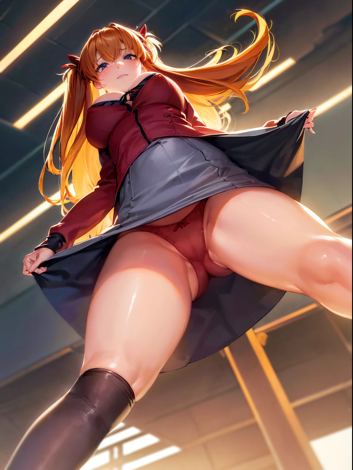 ((SFW)), (1.femele, Solo), 、Asuka Langley Soryu,Blue eyes,hair between eye,headware,Interface headset,Orange hair,Red Ribbon、bow ribbon 、Ultra-realistic capture、ighly detailed、High resolution 16k close-up of human skin、Skin texture must be natural、Details: The extent to which pores can be identified in detail、Skin looks healthy、Uniform color tone、Use natural light and color、(masutepiece, Best Quality, High quality:1.4), Professional artwork, Intricate details, field of views, Sharp Focus, detailed photo, masutepiece, Cinematic lighting, Urban parks, (Vibrant lighting, Vibrant colors, by Nagasawa Rosetsu:1.05), Solo, (Curve:1.1), looking down to viewer, Smile on his face, ((From below:1.5)) Looks Back, ((Leaning forward)), seen from back, Office, (Full body shot:1.1), (Red hair:1.05), Long hair, lip stick, makeup, Ultra Detail Hair, ultra detail face, (Purple eyes:1.05), Perfect eyes, Perfect face, earrings, (Confused, blush:1.2), Big breasts, shirt off, Jacket, (thighs thighs thighs thighs, Garter Belt:1.1), zettai ryouiki, skirt by the, 校服, high-heels, (Large breasts:1.1), cleavage, Big ass, thighs thighs thighs thighs, Show panties, ((From the hem of the rolled up skirt to the crotch))