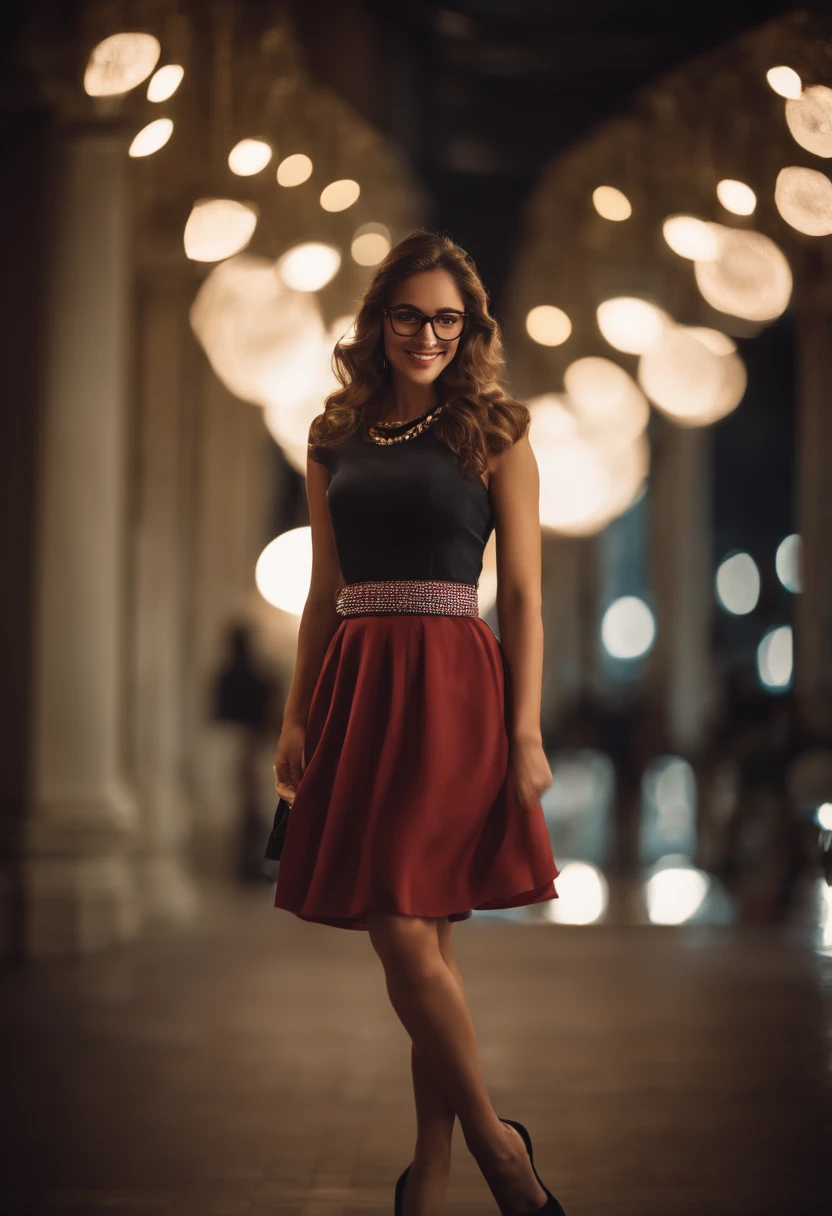 skirt, standing, arms behind back, long hair, hair bow, looking at viewer, 1girl, solo, glasses, medium breasts, necklace, smile, high heels, Surrealism, 8k, best quality, super detail, retina, UHD  [open clothes::0.05]