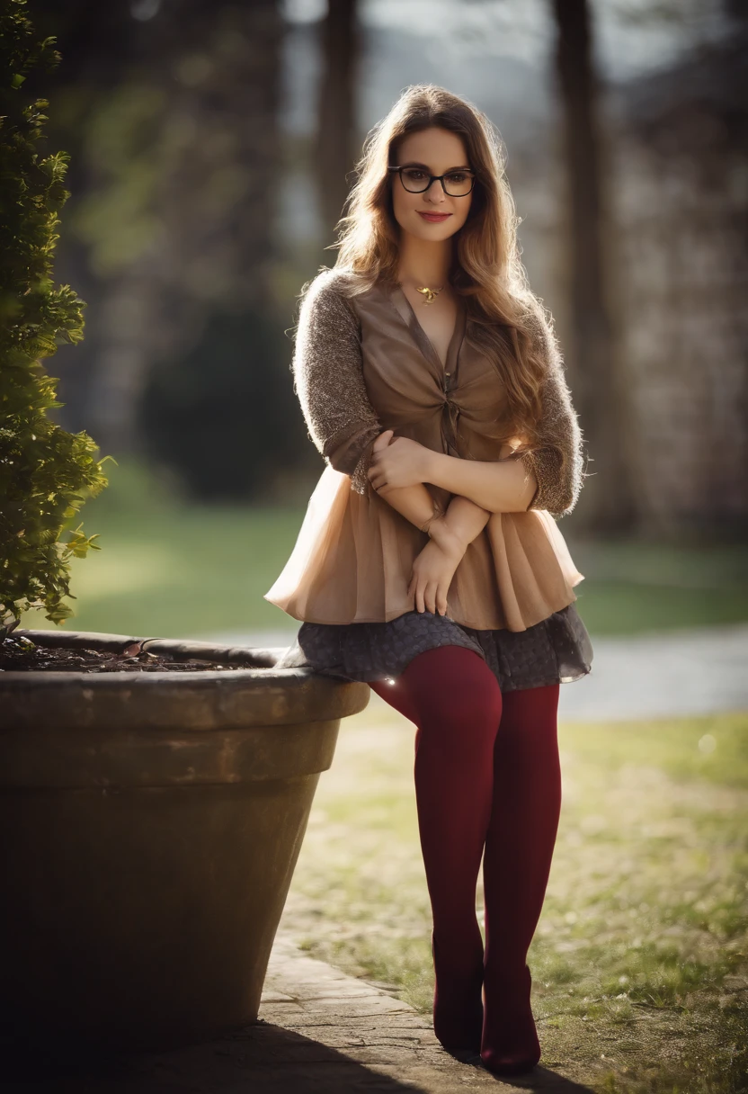 skirt, standing, arms behind back, long hair, hair bow, looking at viewer, 1girl, solo, glasses, medium breasts, necklace, smile, high heels, Surrealism, 8k, best quality, super detail, retina, UHD  [open clothes::0.05]