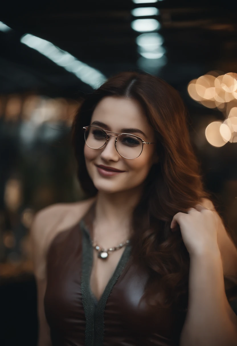 skirt, standing, arms behind back, long hair, hair bow, looking at viewer, 1girl, solo, glasses, medium breasts, necklace, smile, high heels, Surrealism, 8k, best quality, super detail, retina, UHD  [open clothes::0.05]