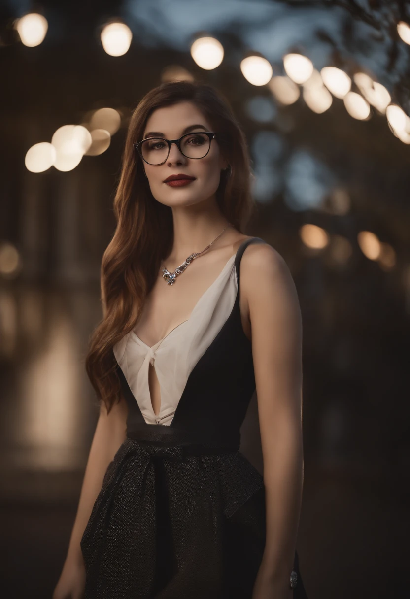 skirt, standing, arms behind back, long hair, hair bow, looking at viewer, 1girl, solo, glasses, medium breasts, necklace, smile, high heels, Surrealism, 8k, best quality, super detail, retina, UHD  [open clothes::0.05]