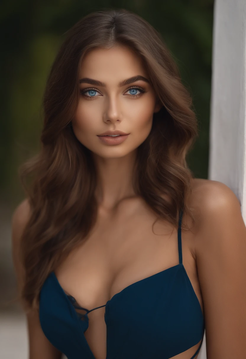Latino and Swedish Woman, sexy girl with blue eyes, ultra realist, Meticulously detailed, Portrait Sophie Mudd, brown hair and big eyes, selfie of a young woman, Maldives, black suite, with makeup, natural makeup, looking straight at camera , Face with Artgram, Subtle makeup, Great photo of the whole body the street, in Maldives, Medium to large bust, in a sexy dress outfit, standing on Maldives, with blue eyes