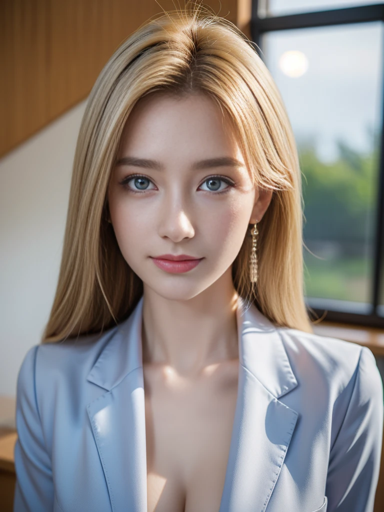 tmasterpiece,Highest image quality,super detailing,Enchanted smile,amazing face and eyes, cosmetics, (extremely detailed beautiful face), (The sexiest look), deep understanding,Naked of breast,(Best quality:1.4), (ultra - detailed), (extremely detaild的 CG unified 8k wallpapers), The content is very detailed, RAW photos, professional photoshooting, ((Open business suit)), (Open business shirt), Indoor and below, (Office room, Dark Night Classroom, rays of moonlight), (nigh sky), depth of fields,face flushed,raised eyebrow,Very shy,blond hair blue eyes,Female secretary,looking at viewert,Dreamcatcher earrings,epic,concept-art,