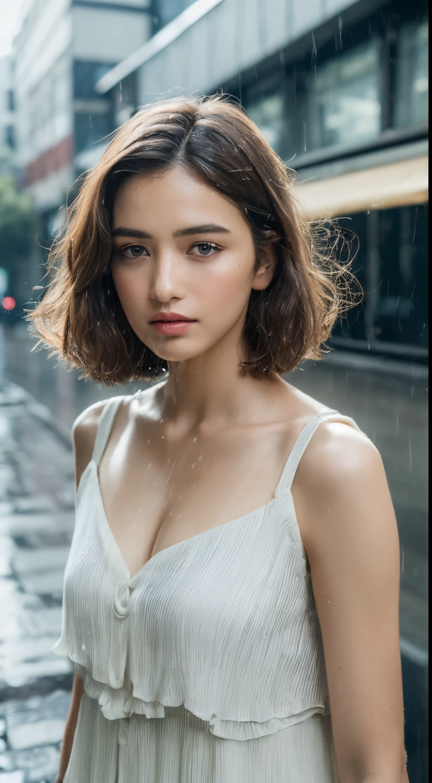 ((Best Quality, 8k, Masterpiece: 1.3)), Focus: 1.2, Perfect Body Beauty: 1.4, Buttocks: 1.2, ((Layered Haircut, Flat Chest: 1.2)), (Rain, Street:1.3), Bandeau Dress: 1.1, Highly Detailed Face and Skin Texture, Fine Eyes, Double Eyelids, Whitened Skin, Long Hair, (Shut Up: 1.3), Full Body
