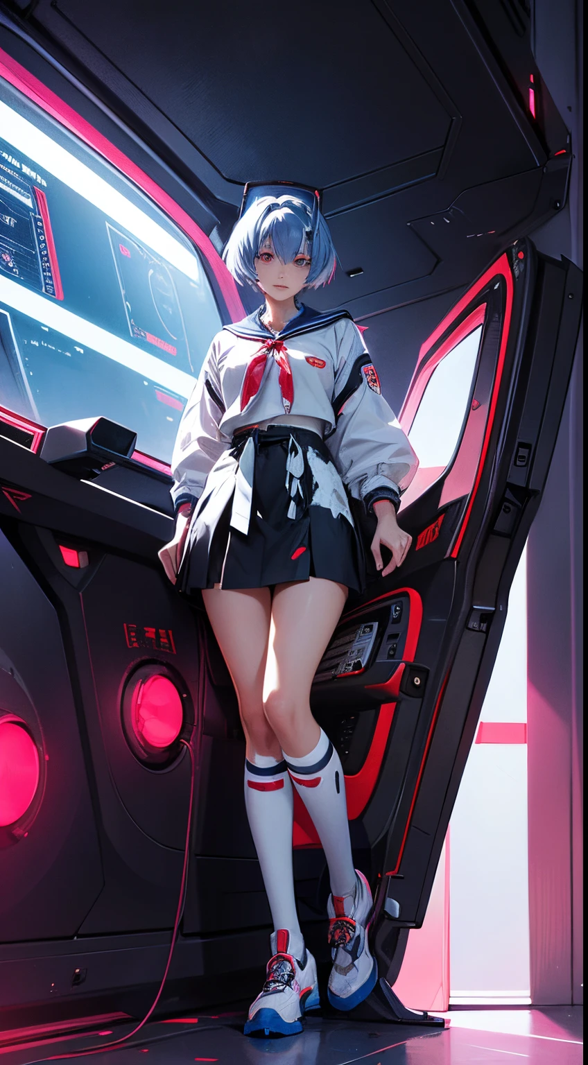 Evangelion Cockpit,Masterpiece portrait of a smiling Rei Ayanami (Evangelion), Evangelion (Hideaki), Caustics, High resolution illustration,14years, Red Eyes, Feminine, no pupils, Blue hair, Short hair, Very small breasts,Japan school uniform, lowfers, swpunk, Synth Wave, Paint splatters, shaded flat illustration, Digital Art, Trending on ArtStation, Highly detailed, Fine detail, Convoluted, Splatter, Outrun, Vaporware, neon color,undergarment,long boots