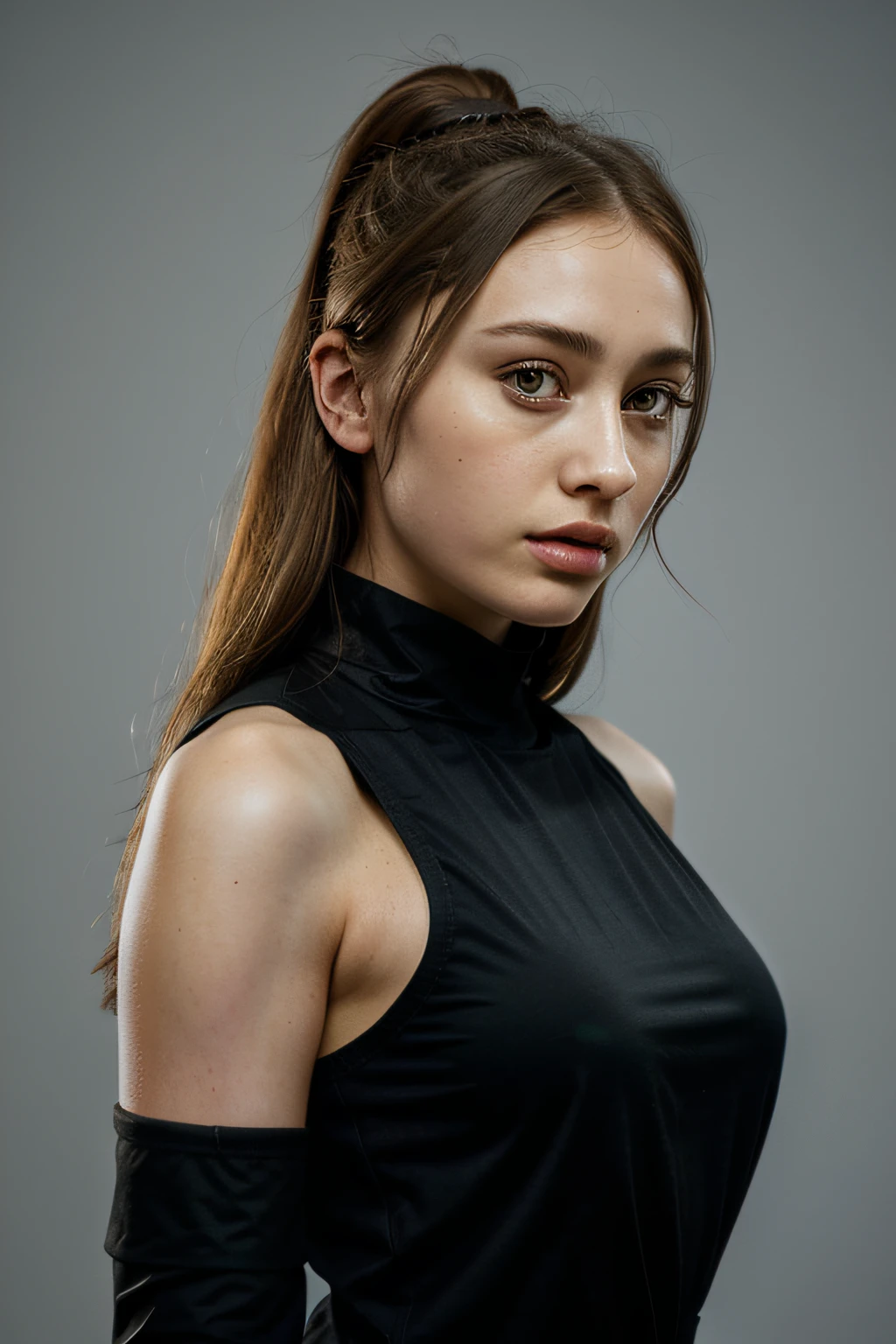 there is a woman in a black top and a black jacket, portrait sophie mudd, , thick neck, 24 year old female model, angelawhite, violet myers, 22 years old, she is wearing a black tank top, 21 years old, profile image, italian, Alycia Debnam-Carey, looking straight ahead,hazel eyes, realistic, post-processing, maximum detail, portrait shot