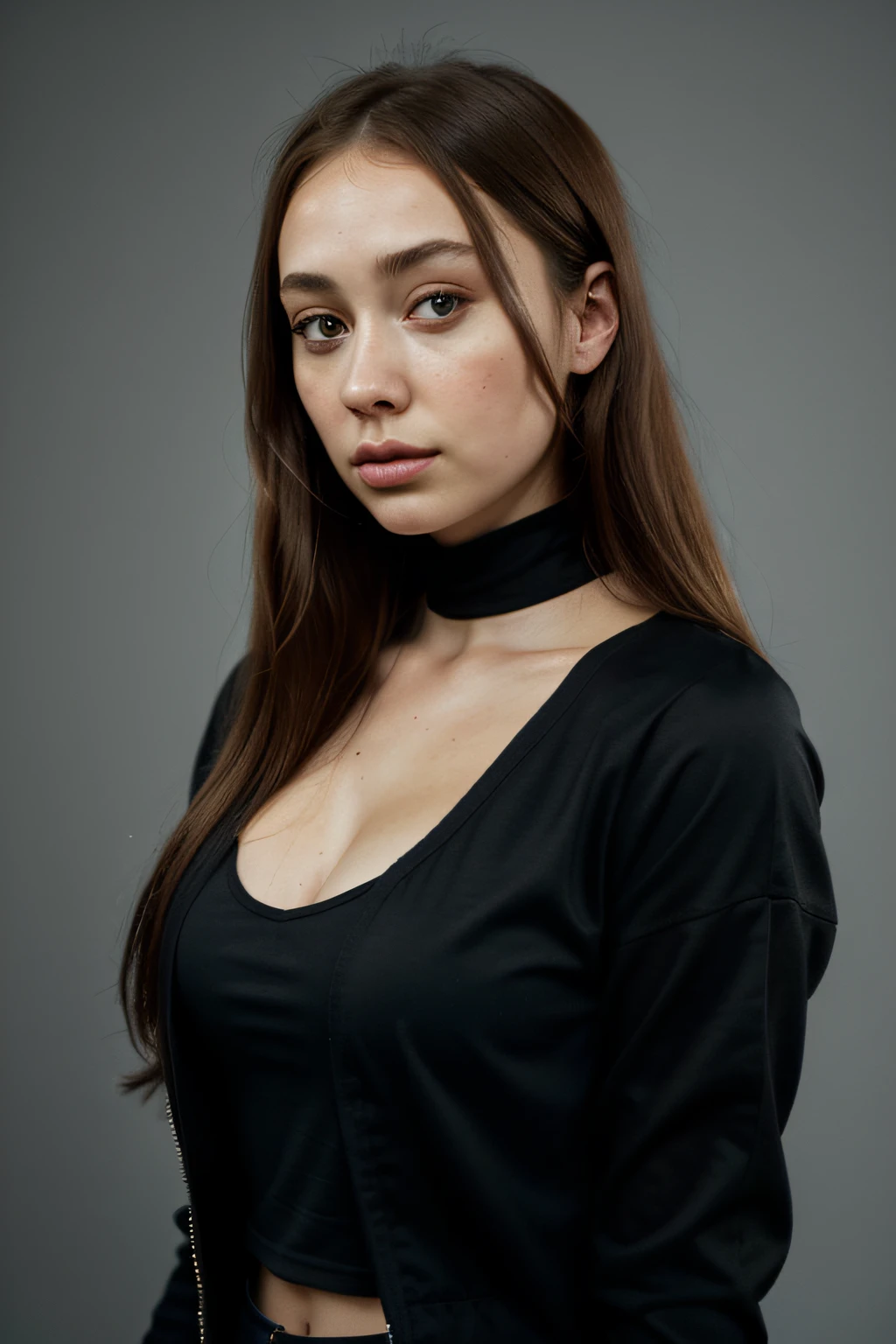 there is a woman in a black top and a black jacket, portrait sophie mudd, , thick neck, 24 year old female model, angelawhite, violet myers, 22 years old, she is wearing a black tank top, 21 years old, profile image, italian, Alycia Debnam-Carey, looking straight ahead,hazel eyes, realistic, post-processing, maximum detail, portrait shot