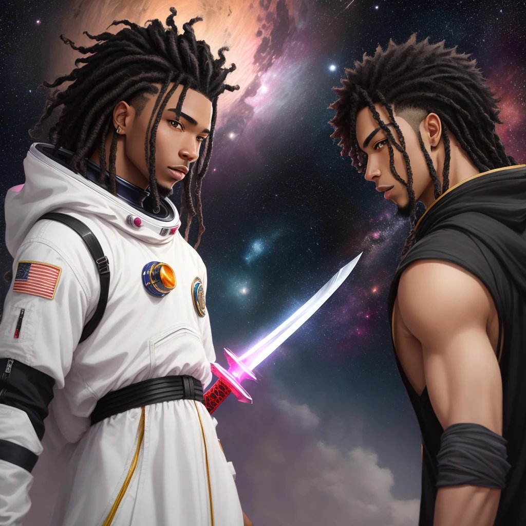 lightskin curly dread guy black hair space anime pink sword