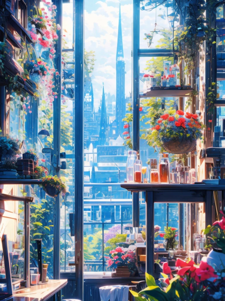 There are colorful flowers outside the window,Surrounded by colorful crystal bottles adding cute trinkets,The witch is making a potion,Harry Potter World