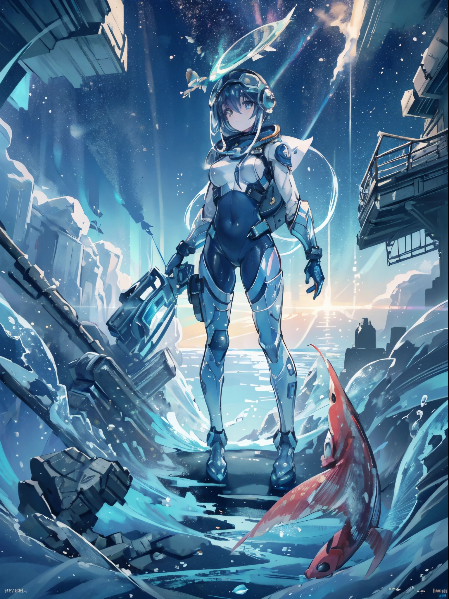 Female astronaut (((swimming on the bottom of the sea with fish, and her helmet is a big bubble))), many colorful fish, seaweed, shipwreck, full body, {extremely detailed 16k CG unit wallpaper}, photography of expansive landscape, (a view from below with focus on the character and the setting), (wide view of open field), (high angle shot), (high light: 1.2), (low light: 1.8), (light source warm: 1.2), complex details, (iridescent colors: 1.5), (bright lighting), (atmospheric lighting), dreamy, unique,