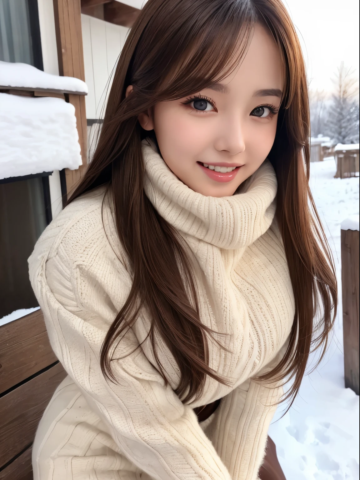 Best Quality, masutepiece, (Realistic:1.2), female pervert, Brown hair, Detailed face, Beautiful eyes, Beautiful face、Beautiful breasts、、Glamour、White teeth、Winter Outfit、A sexy、Shows up to the thighs、yuki