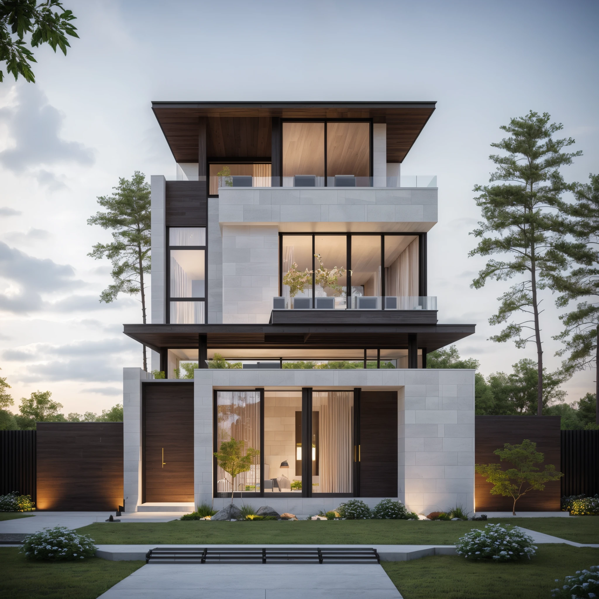 (master part),(alta qualidade), best quality, real,(Realistic), super detalhado, (Detalhes completos),(4k),8k,Exterior design moderNoof the house,arquitetura moderna,arenito,Parede branca,Beautiful_heaven,Luz do dia, DDIM_HumaDDIMs, ao ar livre,heaven,tree,Flower from the front yard of the building,