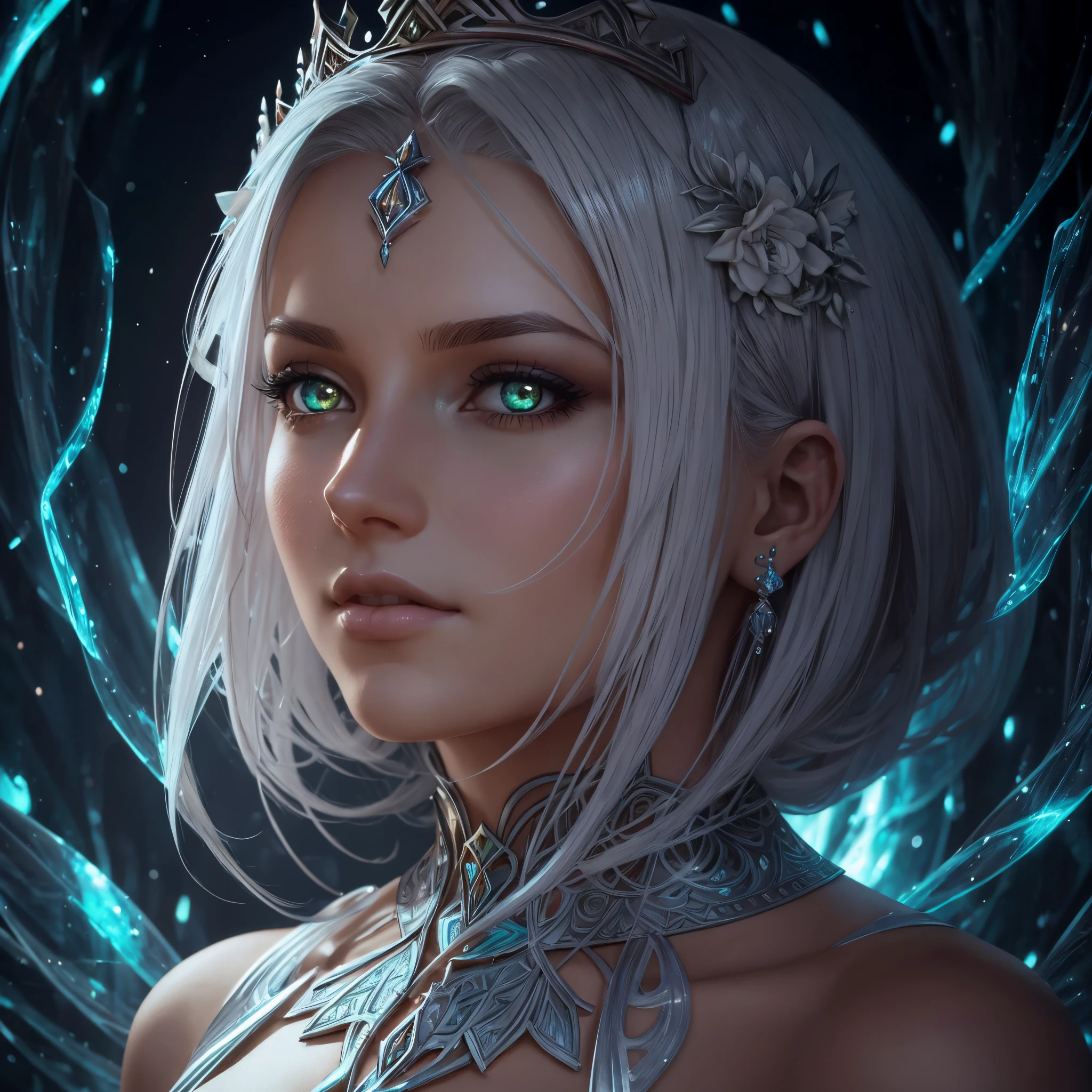 Uma Mulher com cabelo platinado:, em um vestido de flores de gelo, a beautiful crown on her head, Rosto detalhado, pele detalhada, frente, fundo floresta congelada, cobrir, Deszoom, Gargantilha, pintura hiperdetalhada, Luminismo, bar lighting, Complexo, 4k resolution concept art portrait by Greg Rutkowski, Artgerm, WLOP, Alphonse Mucha, little fusion pojatti realistic goth, fractal isometrics details bioluminescens : um atordoamento