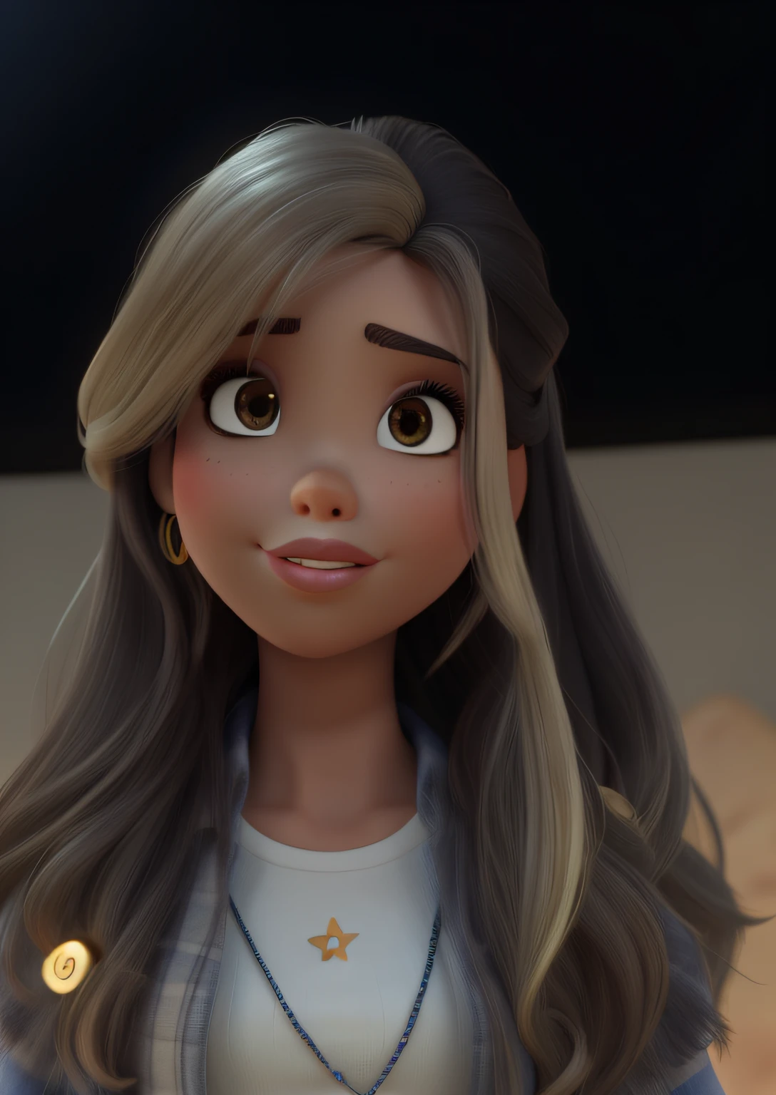 disney pixar 3d, Menina linda, pele morena caramelo, rosto fino, cabelos longos com mechas douradas, Lips with volume, alta qualidade, melhor qualidade.