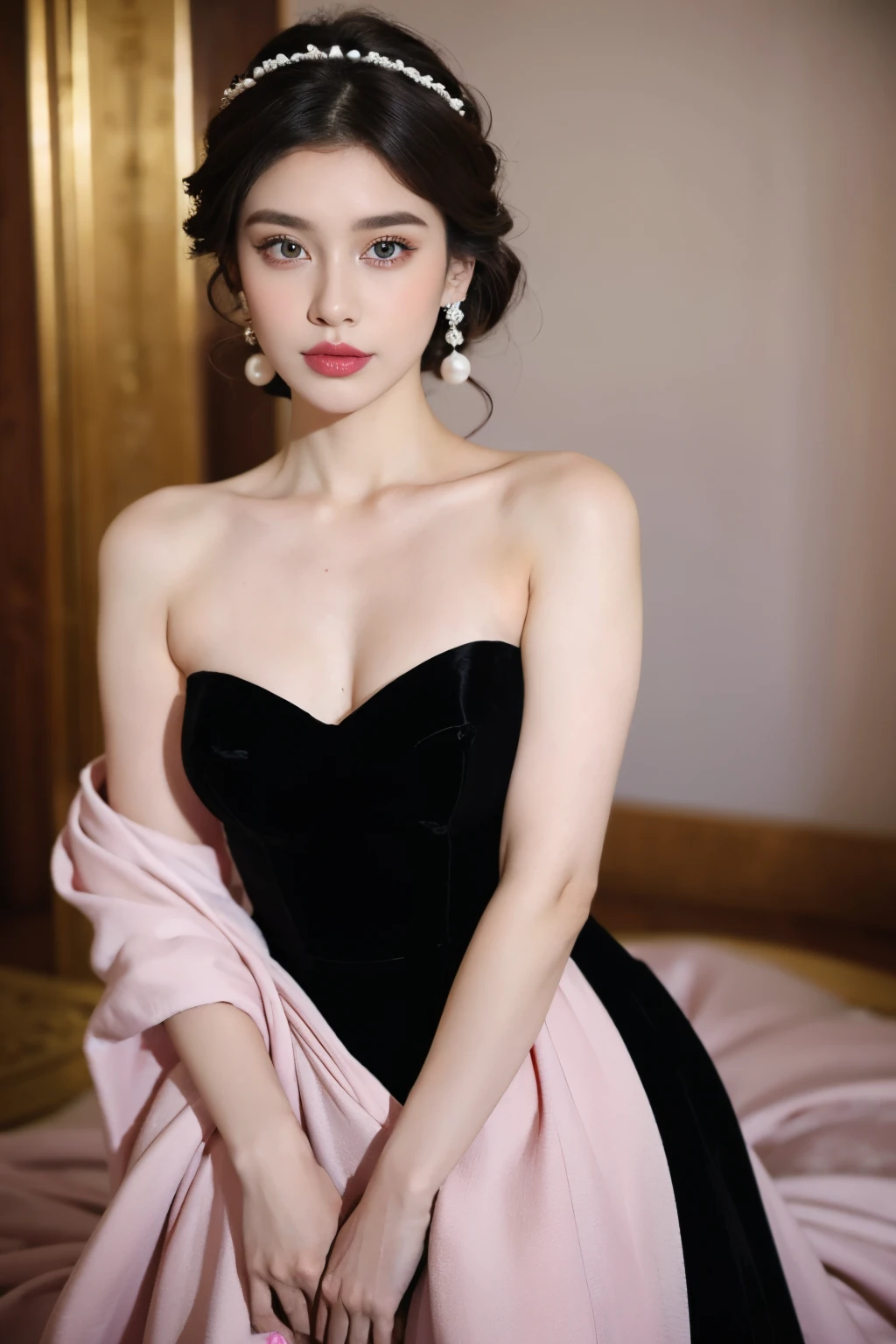 1 rapariga, brunette color hair, high qulity, ultra - detailed, Long coiled hair,pearl hair accessories,Pearl earrings,black gown,actual,Blue pupil,Pink cheeks,Bright surroundings,Hair accessories for elegant updos,Relaxed state,Fine fine skin,ta prostitute