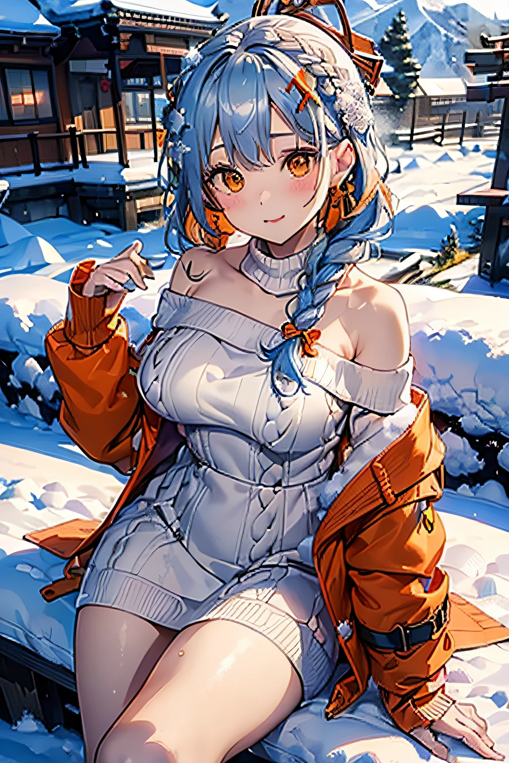 (ukiyoe painting:1.3),(3D Animation:1.3),(((in snow:1.3))),(covered in snow:1.3),(((Snow on the body:1.3))),(Make the subject look three-dimensional with the contrast of light and shadow),(((Winter snowy mountain climbing scenery:1.3))),cute and beautiful adult woman,Cute round face,Cute smile,with blush cheeks,Red Lip,(((Orange Open Short Duffle Coat:1.3))),(((Off-white off-shoulder sweater dress:1.3))),Knitted hats,long boots,gloves,(silver white hair,Floral braided headband,half up、Floral Braided Space Van,Voluminous Fishtail Braids,Twisted chignon,),(Bangs are see-through bangs),hair pin,hair adornments,(((Emphasize large breasts:1.3))),breast slip,detailed clothes features,Detailed hair features,detailed facial features,(Dynamic angles),(Dynamic and sexy poses),profetional lighting,Cinematic Light,(masutepiece,top-quality,Ultra-high resolution output image,) ,(The 8k quality,depth of fields,Anatomically accurate facial structure,),(Sea Art 2 Mode:1.3),(Image Mode Ultra HD,)