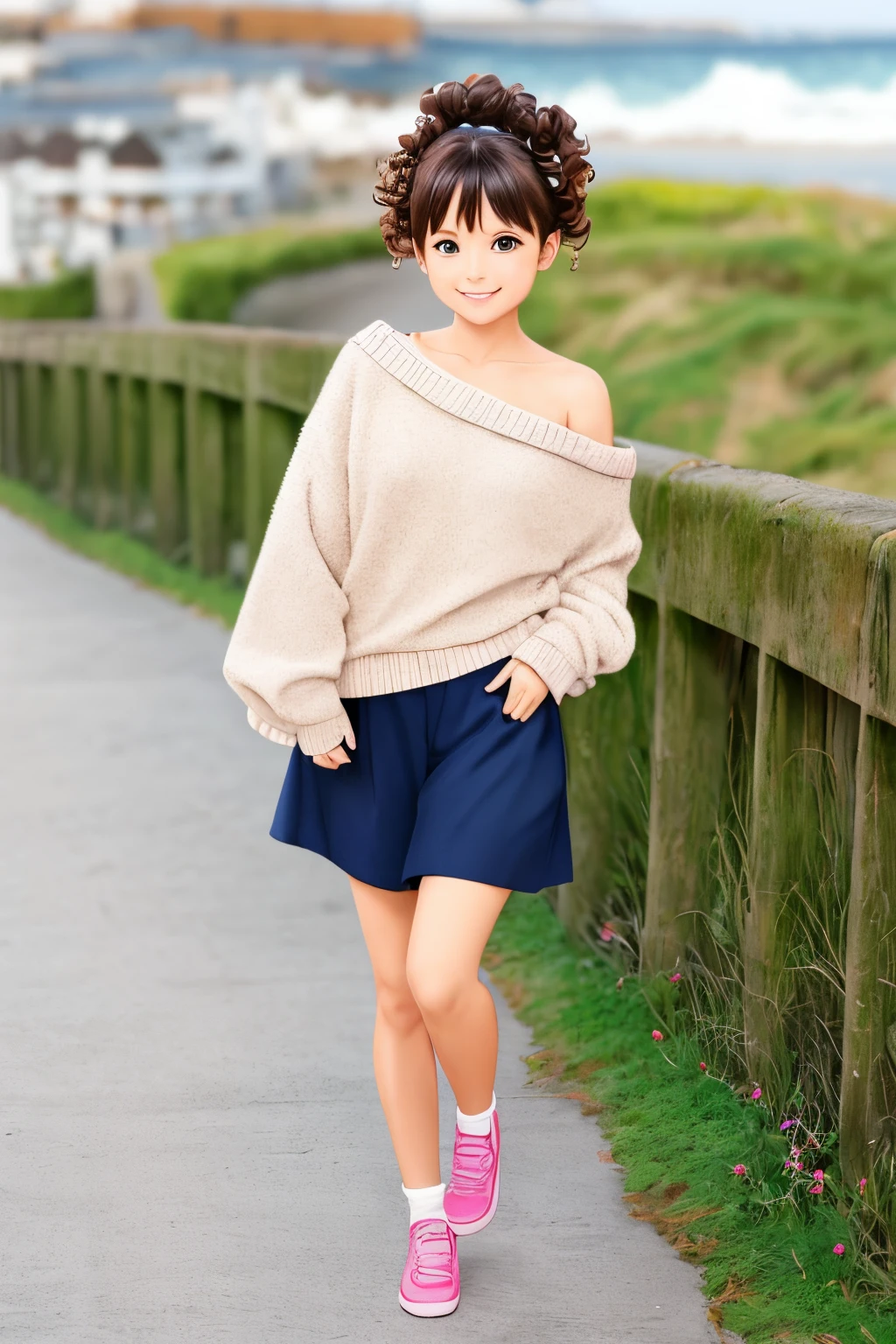 Shoulder sweater, Curly shorthair, hair scrunchie, Twin-tailed, kawaii pose、ssmile、Stroll along the seaside path