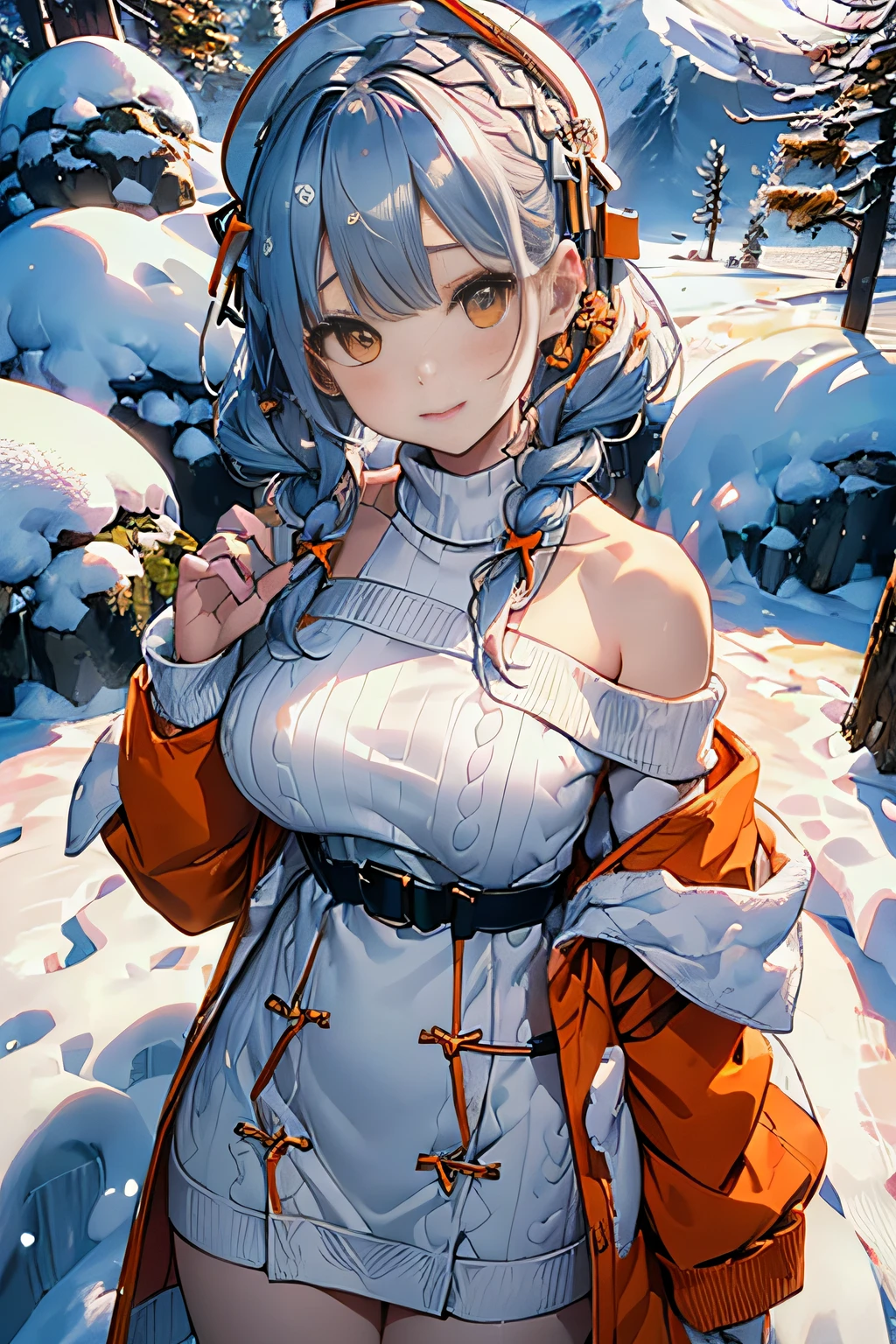 (ukiyoe painting:1.3),(3D Animation:1.3),(((in snow:1.3))),(covered in snow:1.3),(((Snow on the body:1.3))),(Make the subject look three-dimensional with the contrast of light and shadow),(((Winter snowy mountain climbing scenery:1.3))),cute and beautiful adult woman,Cute round face,Cute smile,with blush cheeks,Red Lip,(((Orange Open Short Duffle Coat:1.3))),(((Off-white off-shoulder sweater dress:1.3))),Knitted hats,long boots,gloves,(silver white hair,Floral braided headband,half up、Floral Braided Space Van,Voluminous Fishtail Braids,Twisted chignon,),(Bangs are see-through bangs),hair pin,hair adornments,(((Emphasize large breasts:1.3))),breast slip,detailed clothes features,Detailed hair features,detailed facial features,(Dynamic angles),(Dynamic and sexy poses),profetional lighting,Cinematic Light,(masutepiece,top-quality,Ultra-high resolution output image,) ,(The 8k quality,depth of fields,Anatomically accurate facial structure,),(Sea Art 2 Mode:1.3),(Image Mode Ultra HD,)