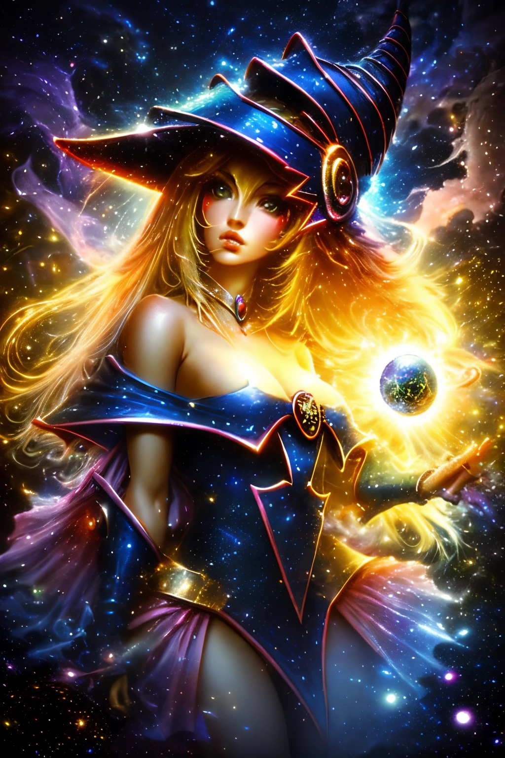 Giles magos oscuros. magos oscuros. ojos azules. cabello rubio. labios rojos. Detailed features.., cosmic colors, Ethereal lighting, Pintura surrealista, High resolution, Otherworldly atmosphere, Seres celestiales. Hermosa diosa