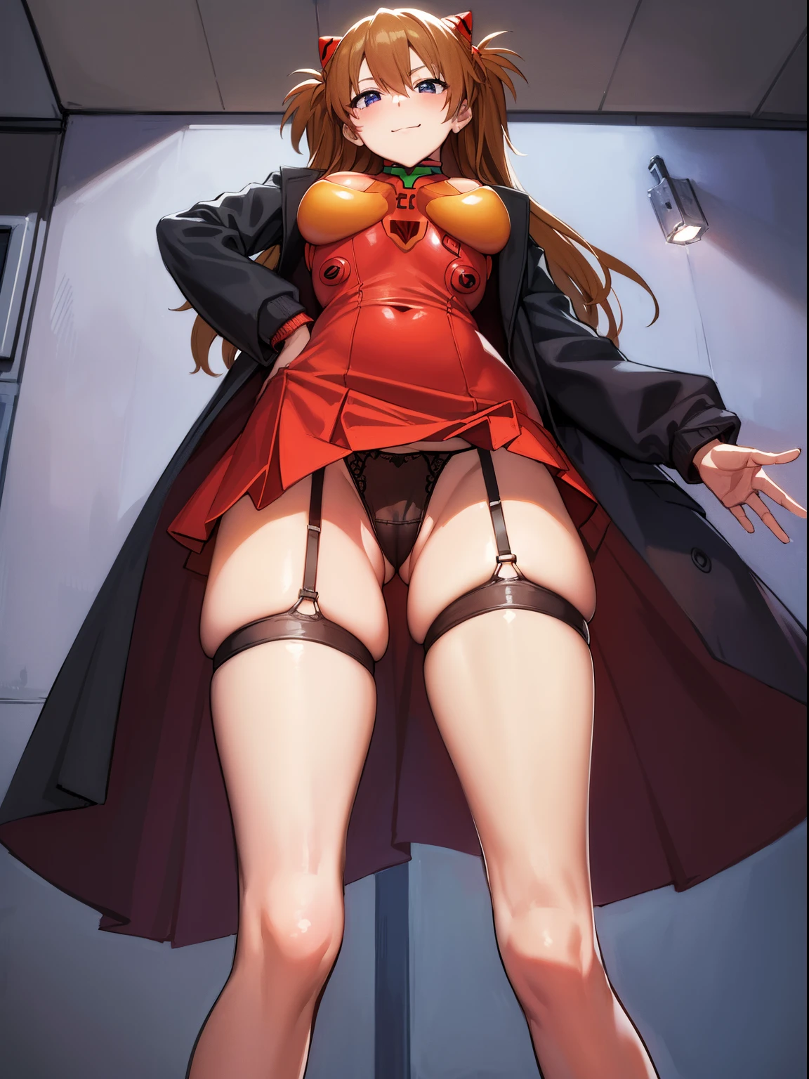 asukalangley, Asuka Langley Soryu, (Souryu Asuka Langley:1.5), Blue eyes, hair between eye, Headgear, Interface headset, Orange hair, two side up,
Blake Bodysuit, Long sleeves, plugsuit, Red bodysuit,
Break indoors, crass room,
BREAK looking at viewer, (Cowboy Shot:1.5),
BREAK (masutepiece:1.2), Best Quality, High resolution, Unity 8k壁纸, (Illustration:0.8), (Beautiful detailed eyes:1.6), extra detailed face, Perfect Lighting, extremely details CG, (Perfect hands, Perfect Anatomy),(masutepiece, Best Quality, High quality:1.4), Professional artwork, Intricate details, field of views, Sharp Focus, detailed photo, masutepiece, Cinematic lighting, Urban parks, (Vibrant lighting, Vibrant colors, by Nagasawa Rosetsu:1.05), Solo, (Curve:1.1), looking down to viewer, Smile on his face, ((From below:1.5)) Looks Back, ((Leaning forward)), seen from back, , (Full body shot:1.1), (Red hair:1.05), Long hair, lip stick, makeup, Ultra Detail Hair, ultra detail face, (Purple eyes:1.05), Perfect eyes, Perfect face, earrings, (Confused, blush:1.2), Big breasts, shirt off, Jacket, (thighs thighs thighs thighs, Garter Belt:1.1), zettai ryouiki, skirt by the, 校服, high-heels, (Large breasts:1.1), cleavage, Big ass, thighs thighs thighs thighs, Show panties, ((From the hem of the rolled up skirt to the crotch))