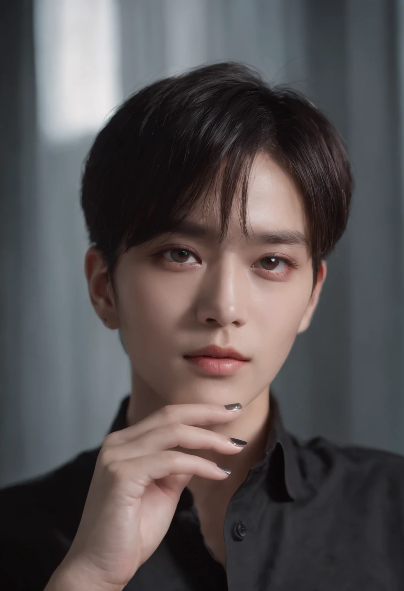 a moon, Best Quality, 更多的细节, masutepiece, kaneki ken, 1boy, Male Focus, Solo, Heterochromia, Black background, Bangs, Right eye is red、left eye is white, Short hair, Shirt, Hand up, Black hair, stylish boy cut hair, Collared shirt, nail polish, Black shirt, Parted lips, Looking at Viewer, Upper body, 牙, Black nails, Luxurious, 8K, Detailed, Ray tracing, depth of fields, Cinematic lighting, Blood, smug look