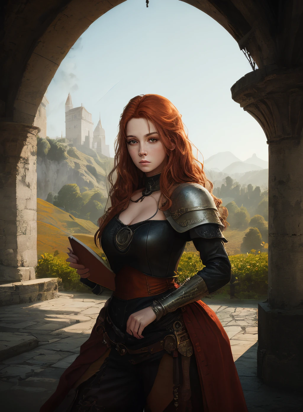 Red-haired woman with green eyes in realistic style in warrior clothes from the middle ages with a read background landscape in 4k
