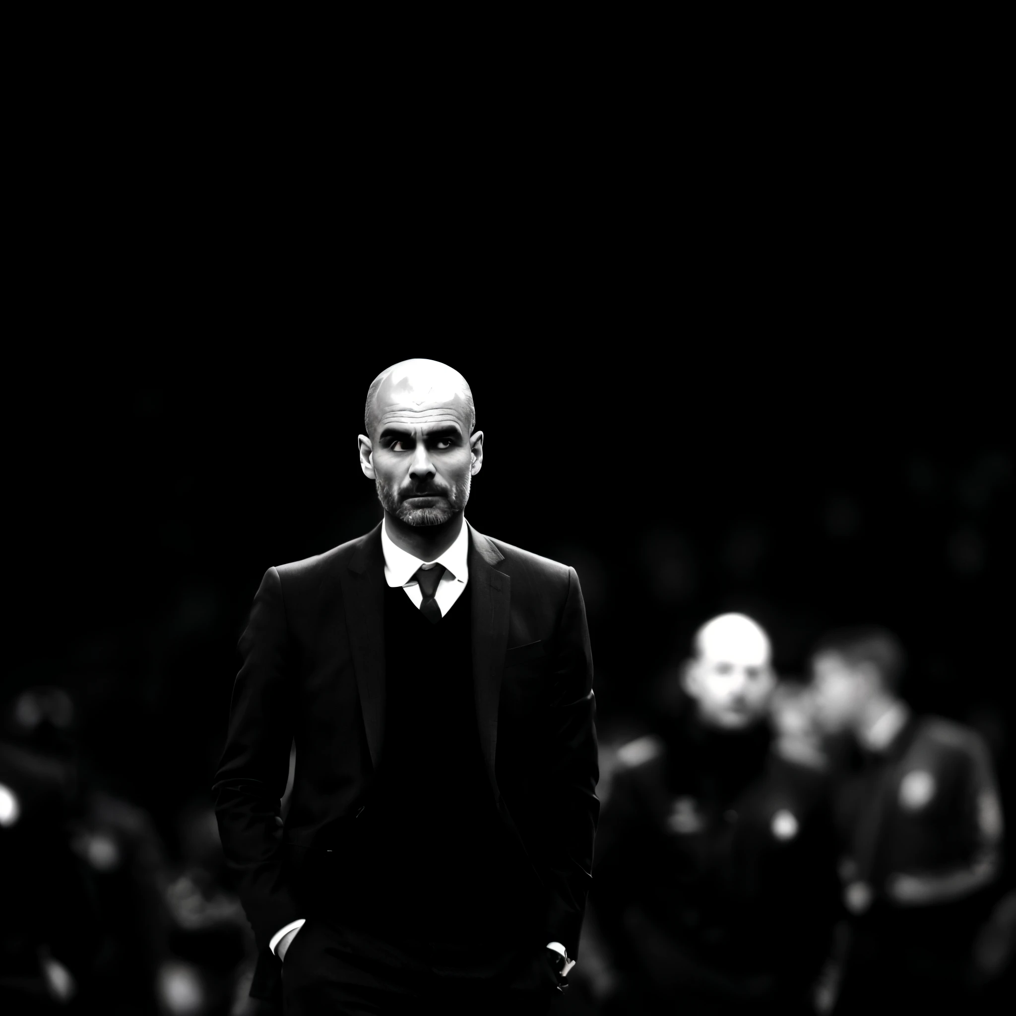 pep guardiola in a suit and tie standing in front of a crowd, the best ever, looking threatening, phone wallpaper, posed, handsome man, looking serious, wallpaper mobile, menacing!!!, candid!! dark background, phone background, dark bacgkground, he's very menacing and evil