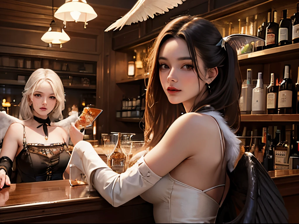 (masterpiece), (Highly quality), bar scene, old west saloon style, ((two women)), (perfect proportions),friends at a party, 1-a woman with feather wings, (white wings), white and silver feathers, female representation of angel, smoking a cigarette, embarrassed expression. 2- A woman with fur wings, bat wings, (dark wings), female representation of a demon, relaxed expression. The two talk in a bar, Wide scene, indoor scene, large environment, dancing bar, classic bar, end of the night. There are bottles scattered on the tables, few people in the room. Behind the bar, the presence of a demon - bartender, demon wearing barman's attire, serving drinks