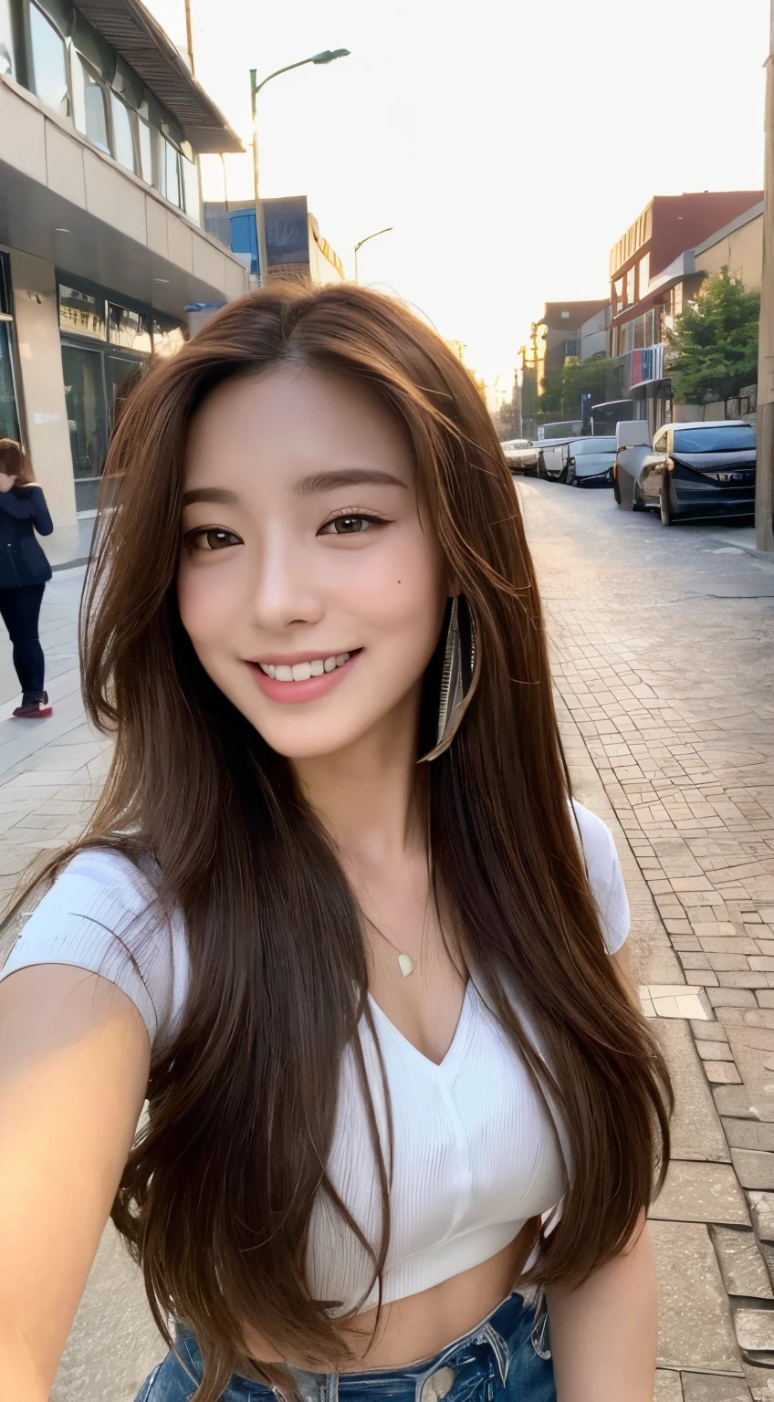 ((top-quality、8K、​masterpiece:1.3))、selfy、Beautiful woman with perfect body shape:1.4、(Brown Long Hair、small tits:1.3)、Casual wear、In the street、Highly detailed facial and skin texture、A detailed eye、二重まぶた、A smile:1.5、full body Esbian